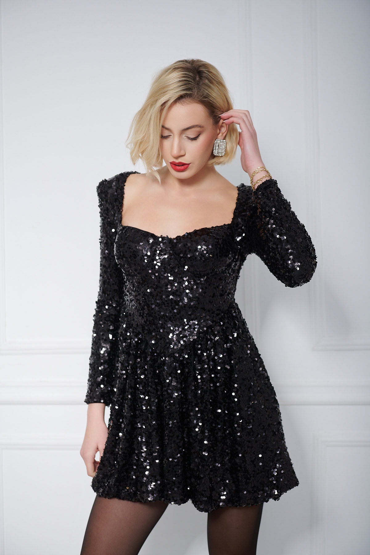 Cups Sequin Long-Sleeved Mini Dress