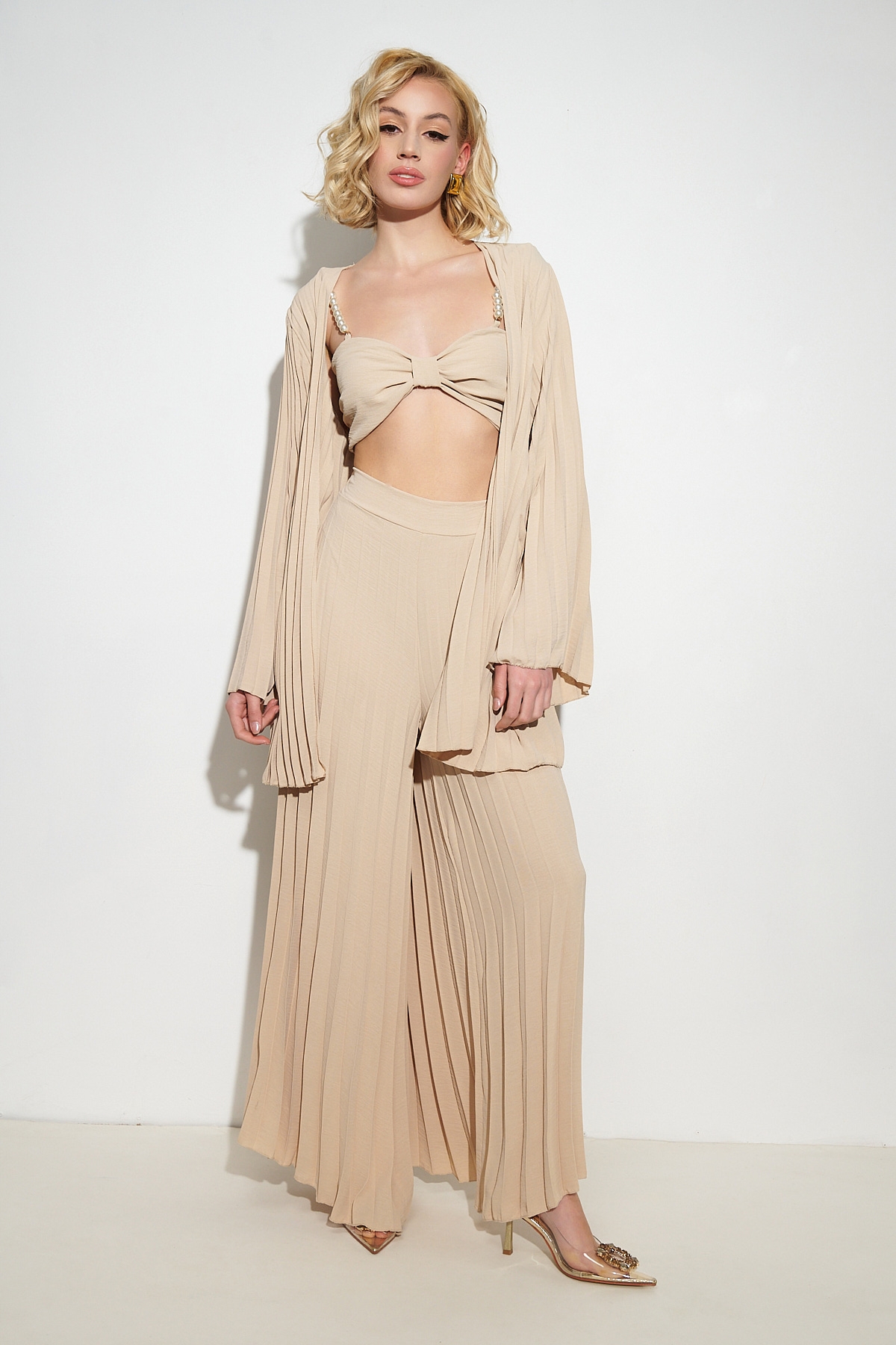 Pleated Top, Jacket and Pants Set