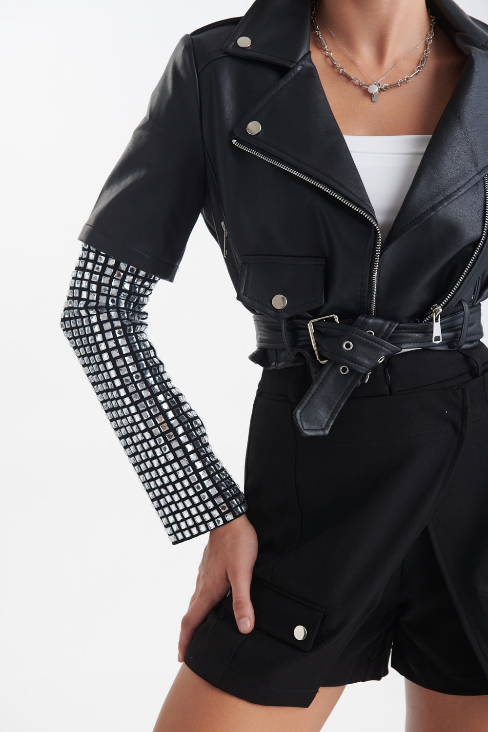 Rhinestoned Sleeve Short Leatherette Jacket