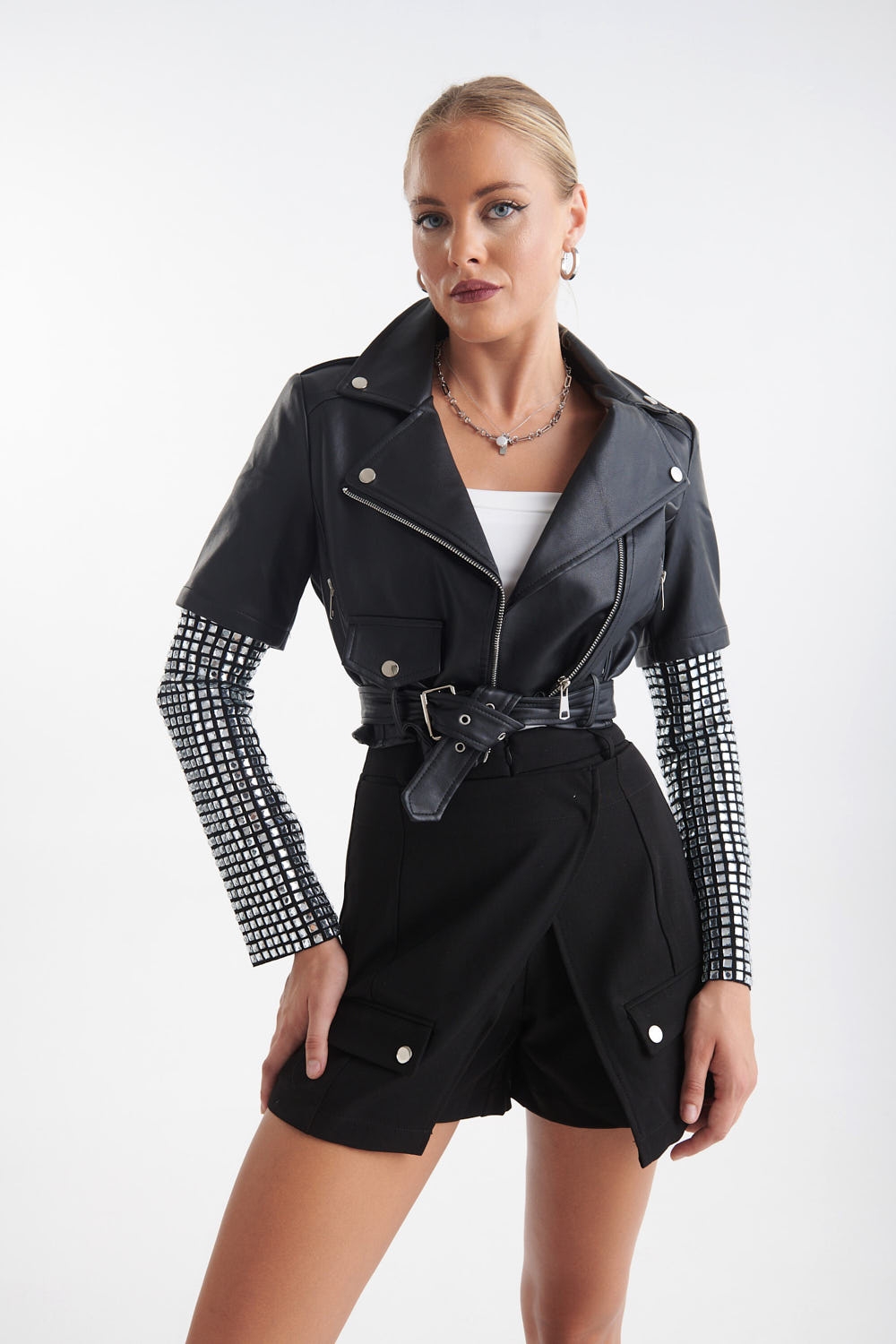 Rhinestoned Sleeve Short Leatherette Jacket