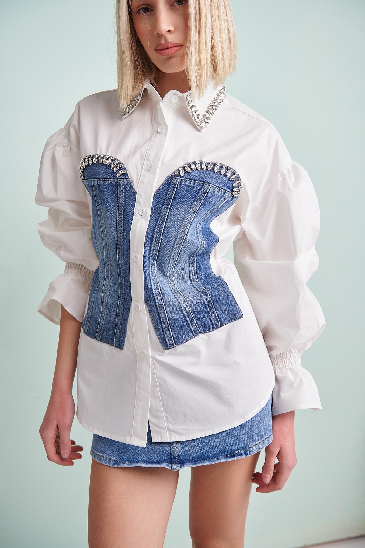 Rhinestoned Collar Jeans Corset Shirt