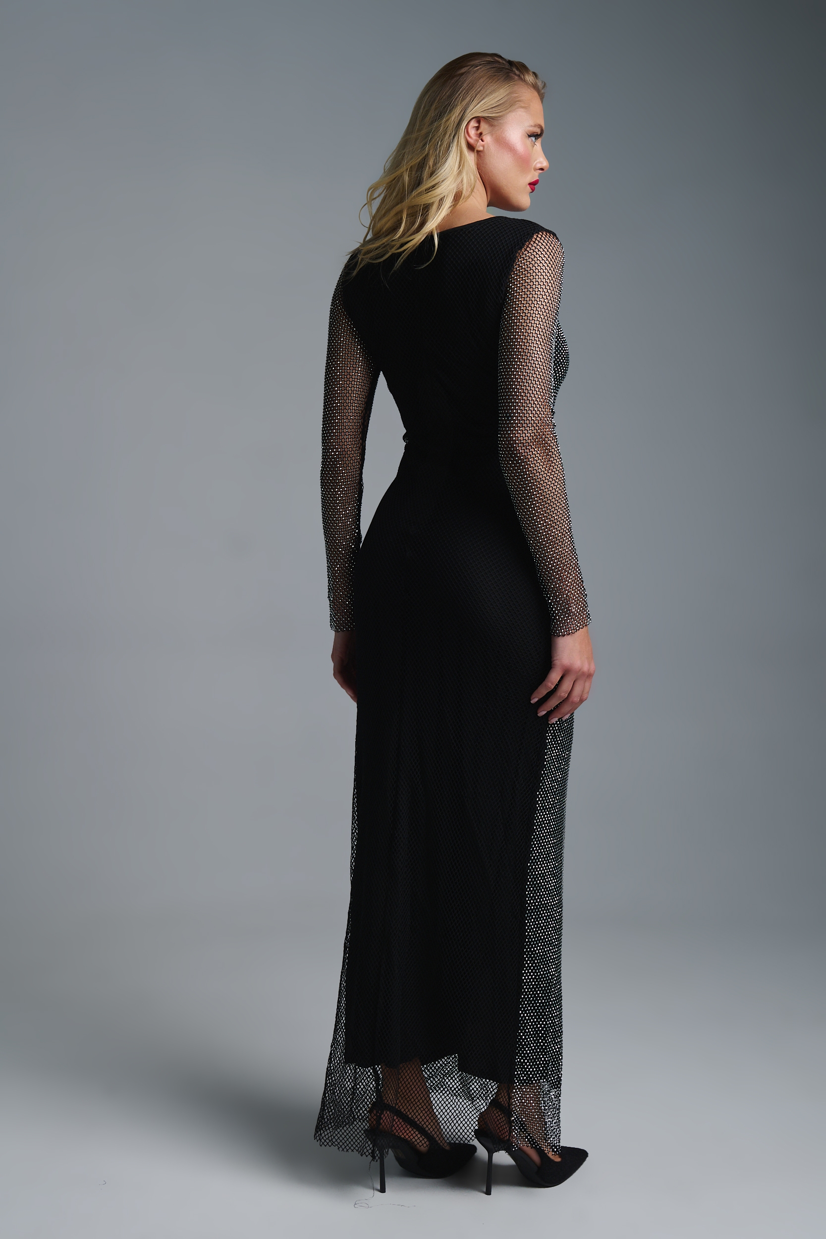 Φόρεμα Μάξι Μακρυμάνικο Δίχτυ Με Στρας