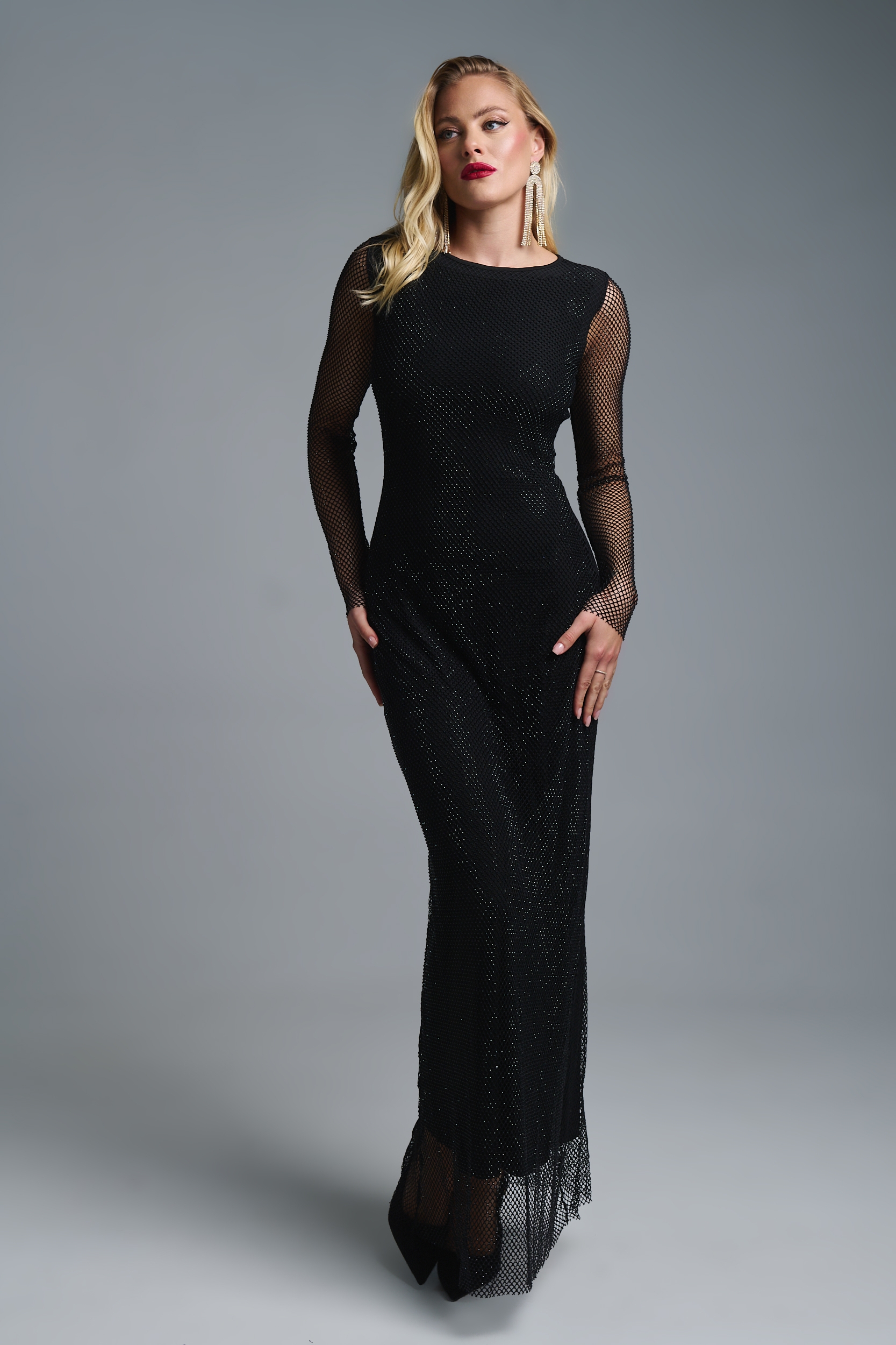 Φόρεμα Μάξι Μακρυμάνικο Δίχτυ Με Στρας