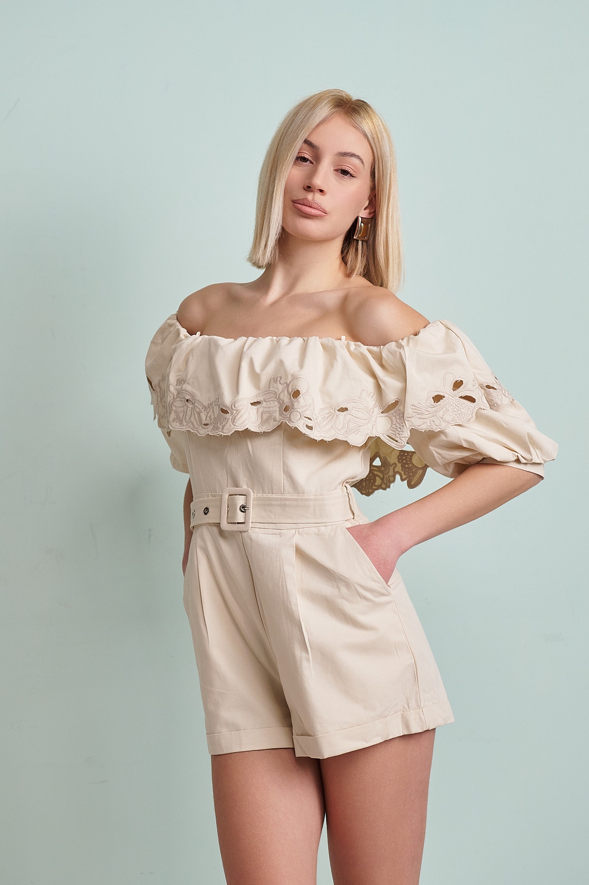 Chain Belted Off-Shoulder Playsuit