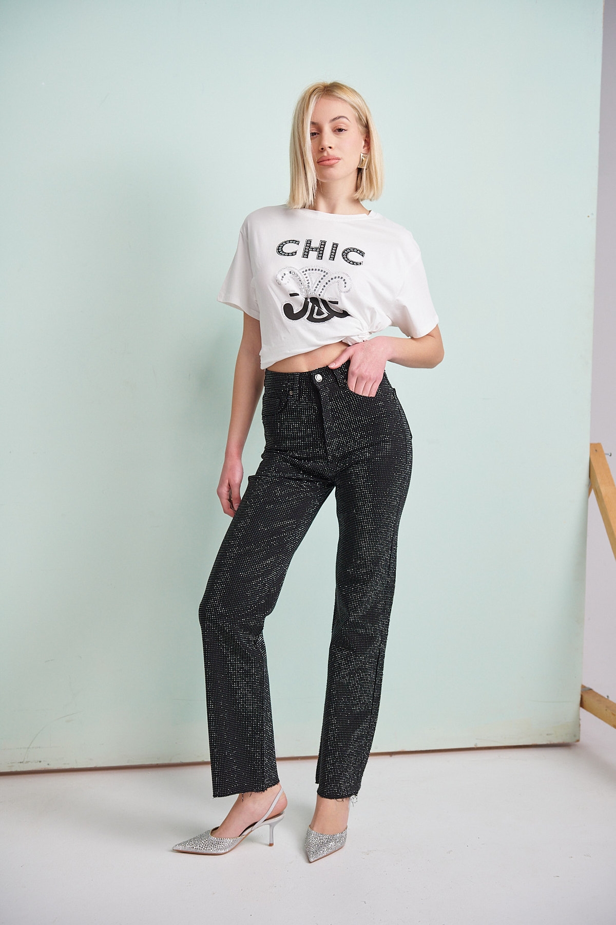 High Waisted Straight Jeans with Rhinestones