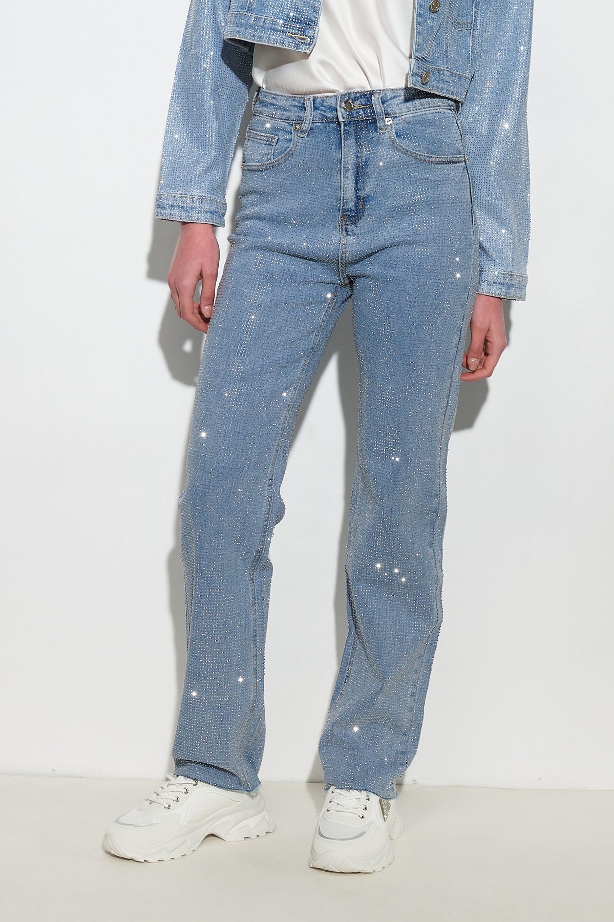 High Waisted Straight Jeans with Rhinestones
