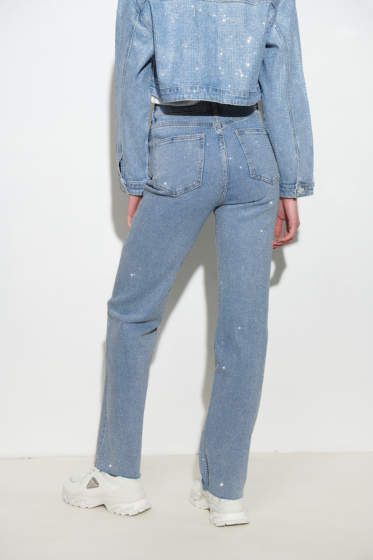 High Waisted Straight Jeans with Rhinestones