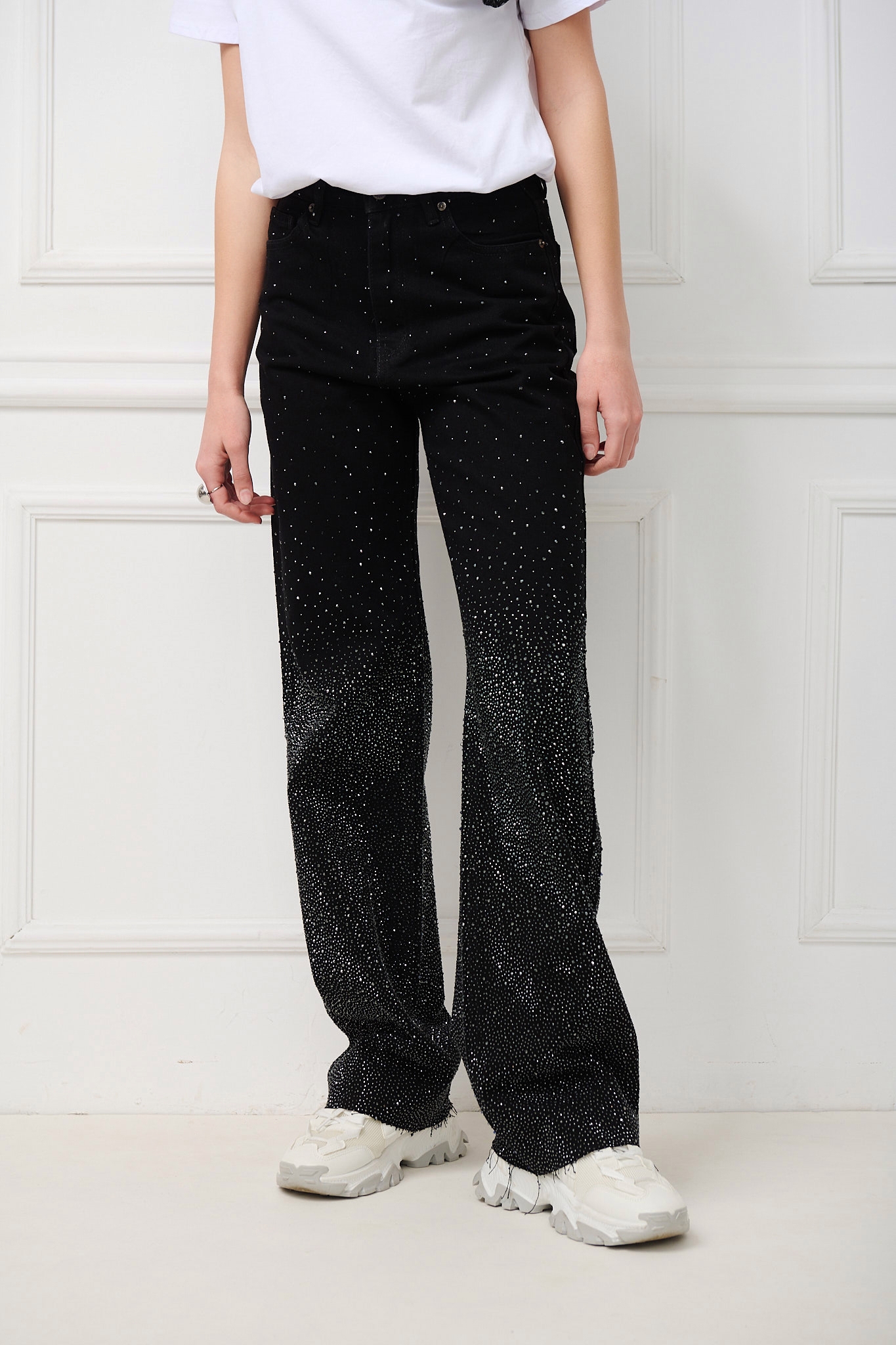 Wide Leg Jeans Soft Pants With Rhinestones