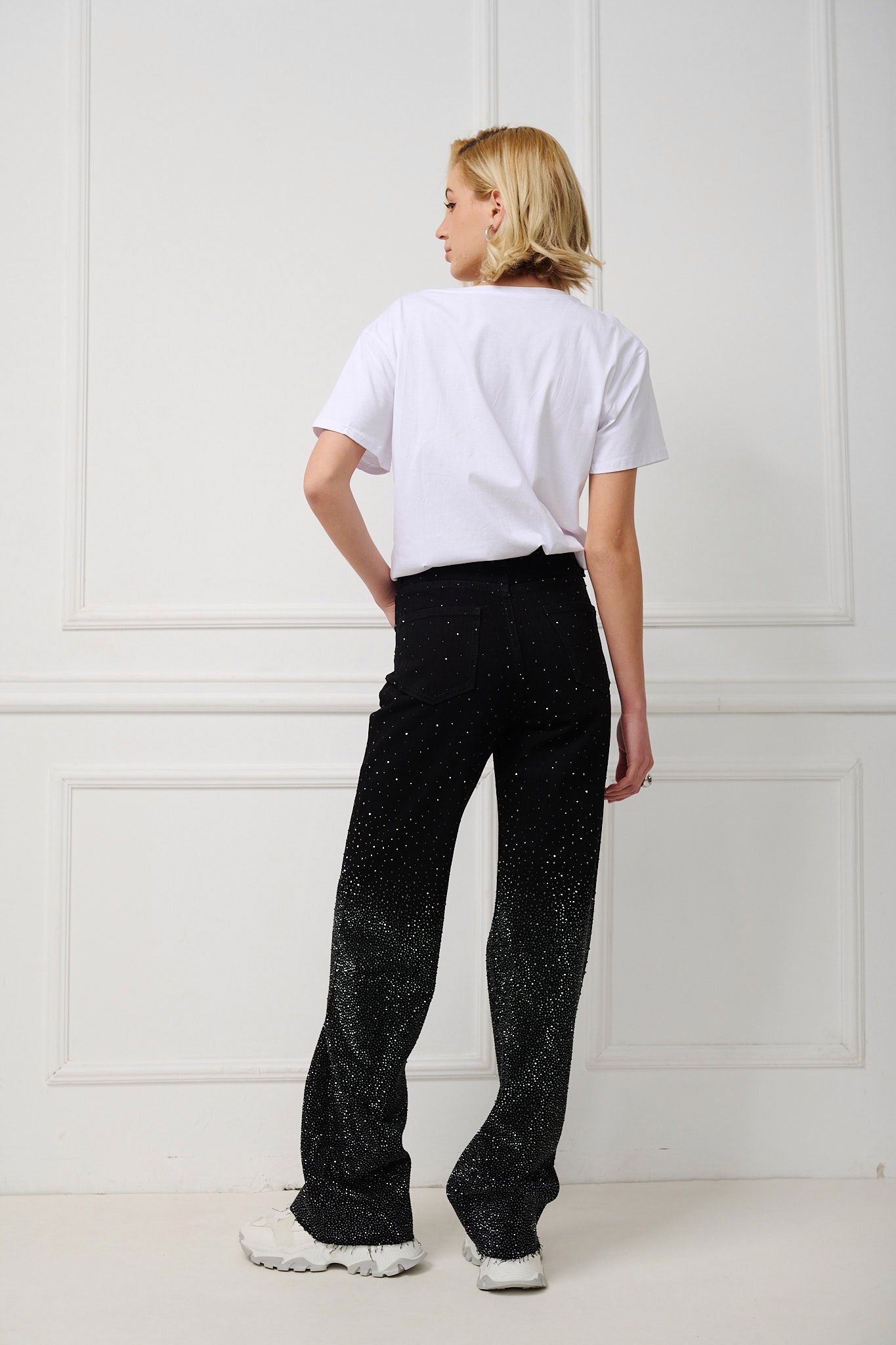 Wide Leg Jeans Soft Pants With Rhinestones