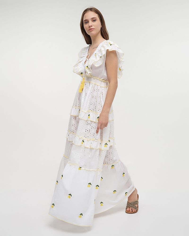 Ble Embroidered Long Lemon Dress with Ruffles