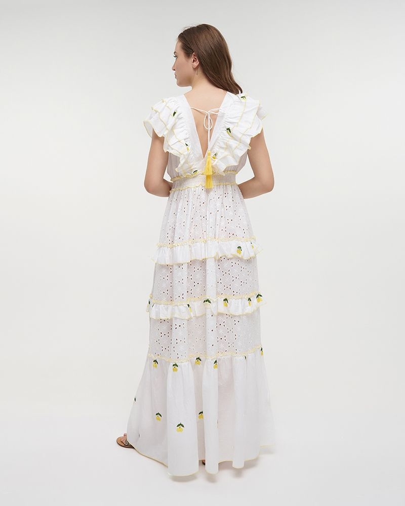 Ble Embroidered Long Lemon Dress with Ruffles