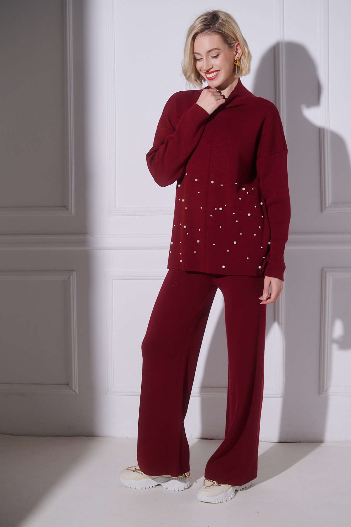 Rearl Polo Neck Blouse & Wide Pants Set