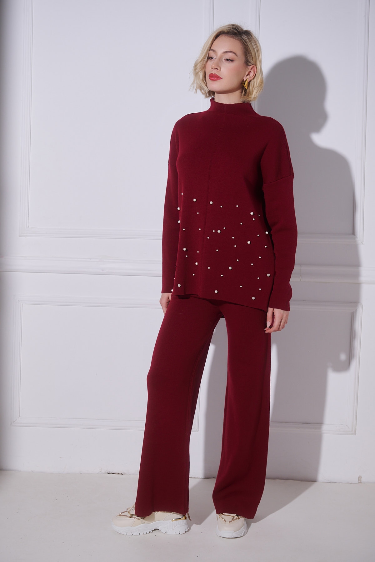 Rearl Polo Neck Blouse & Wide Pants Set