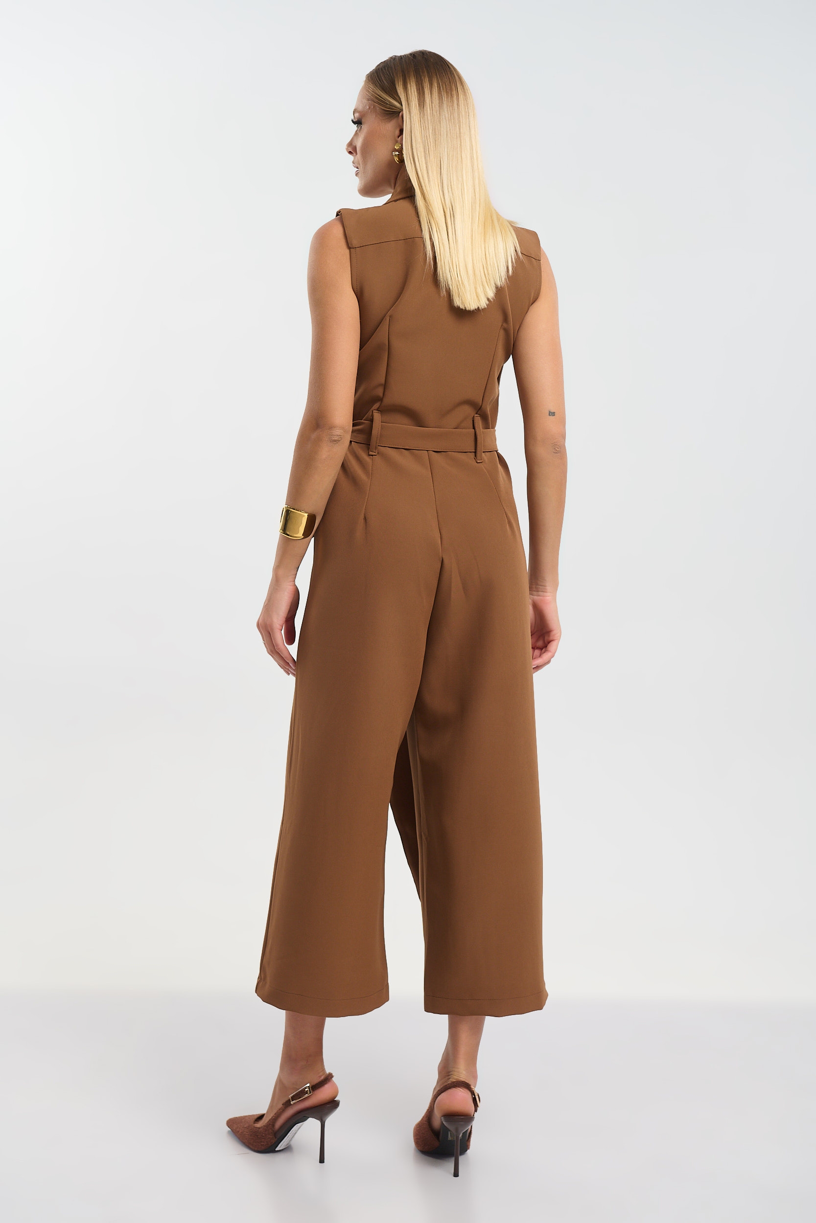 Kelly’s Sleeveless Wrap Jumpsuit with Side Tie & Gold Buckle