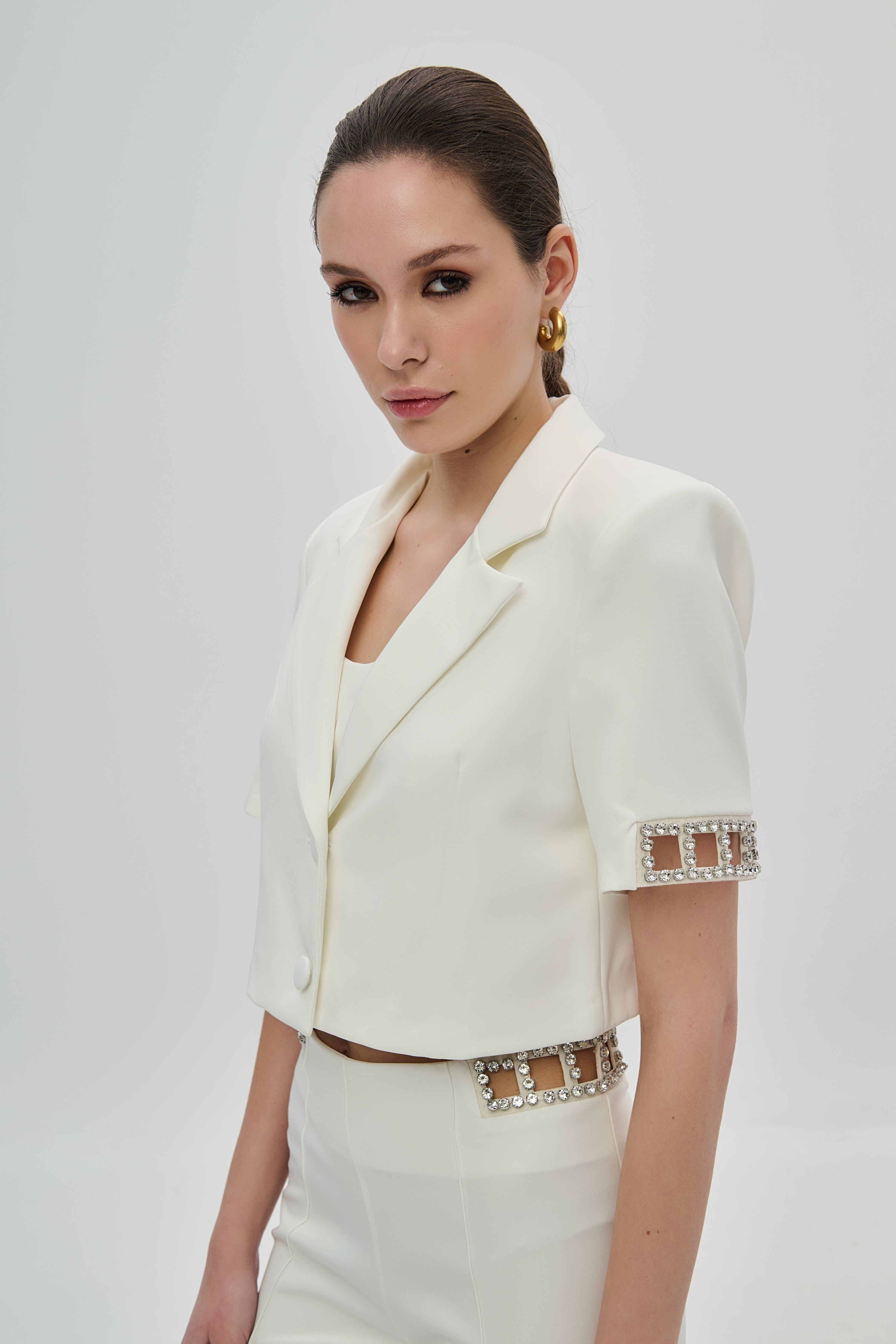 De Javu Short Jacket with Laser Cut Design and Rhinestones