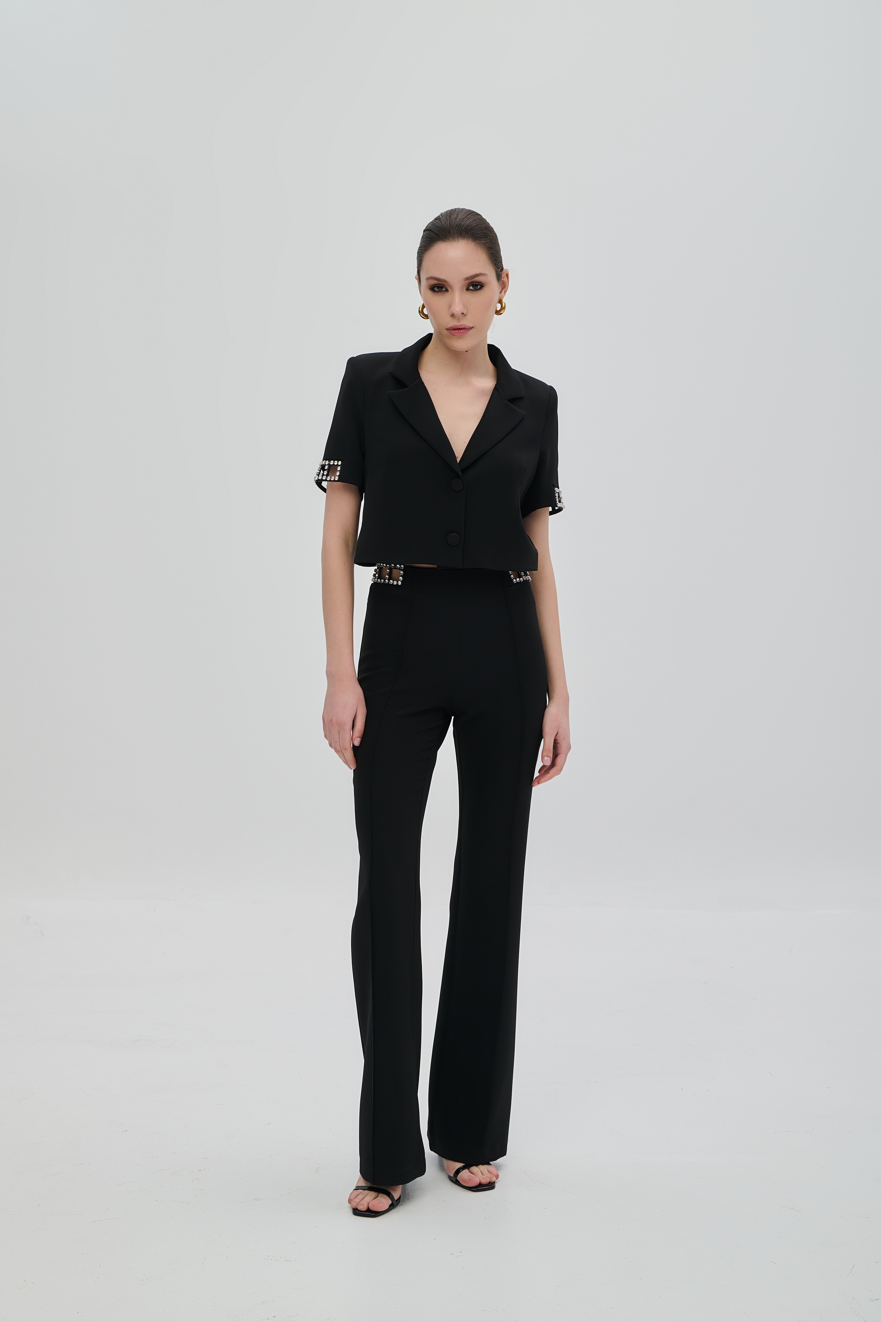 De Javu Short Jacket with Laser Cut Design and Rhinestones
