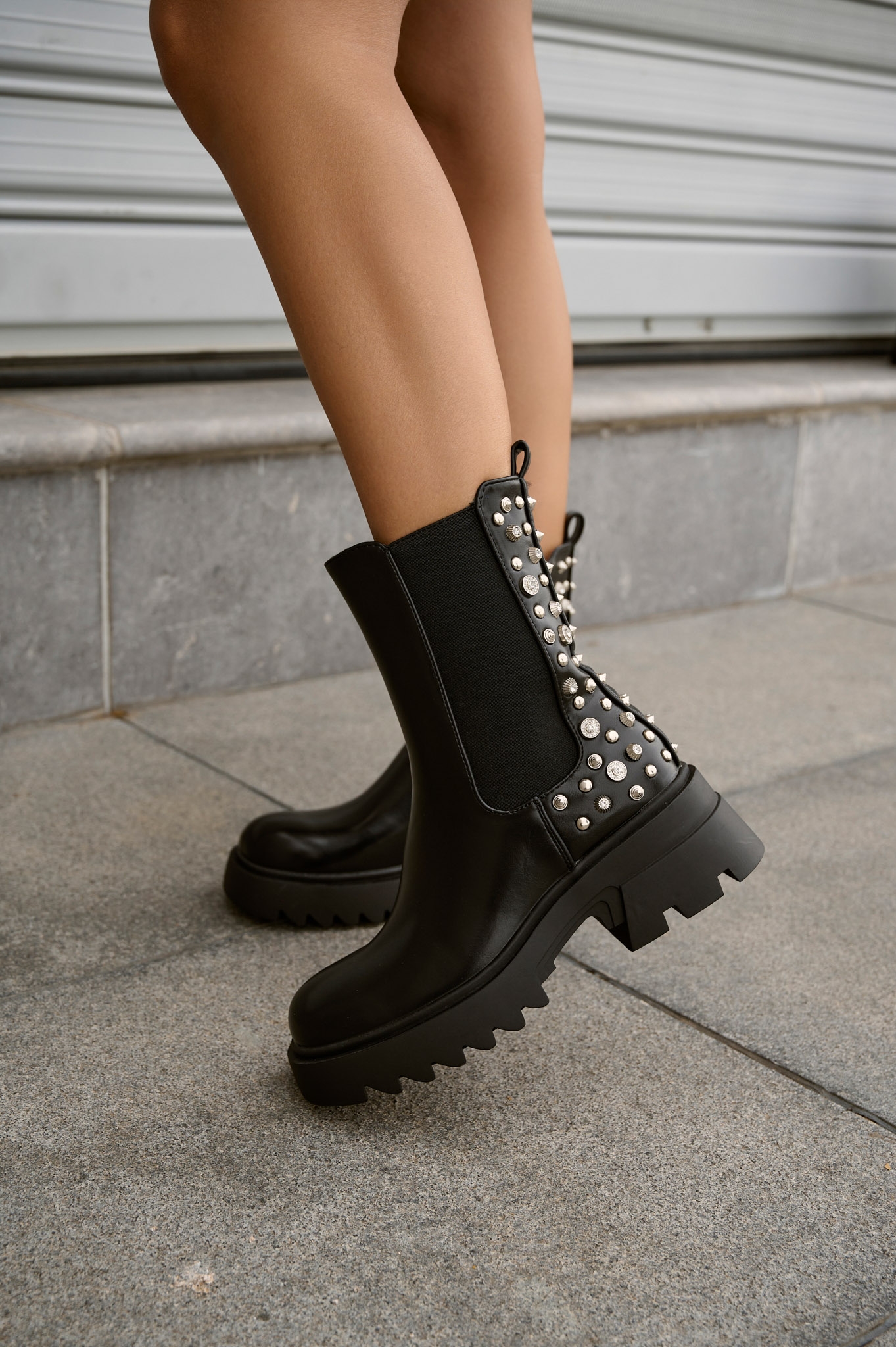 Poppered Back PU Ankle Boots