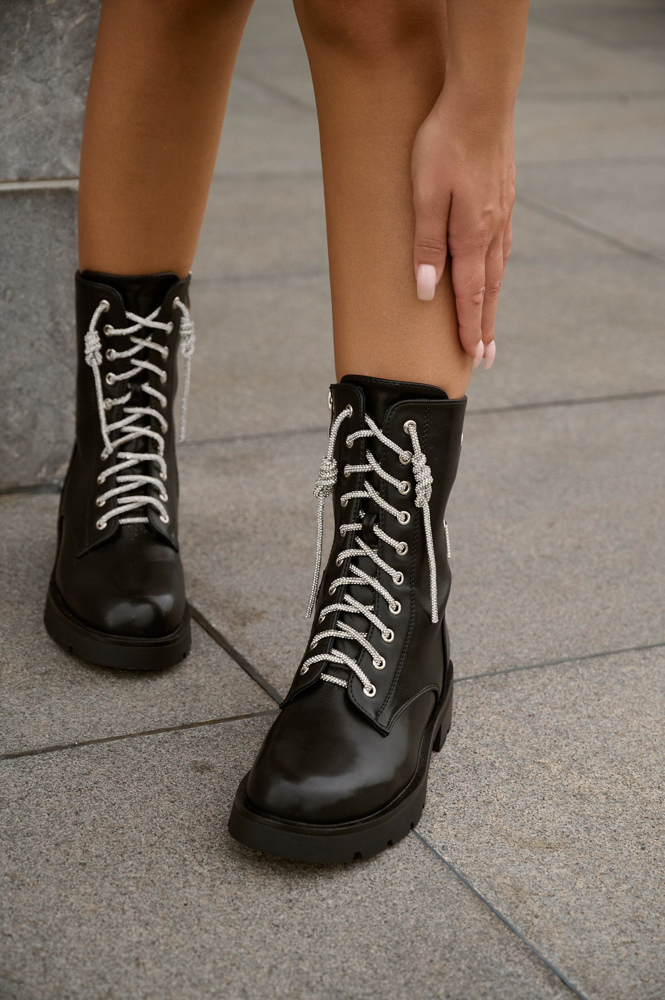 Rhinestoned Straps & Shoelace Combat Boots