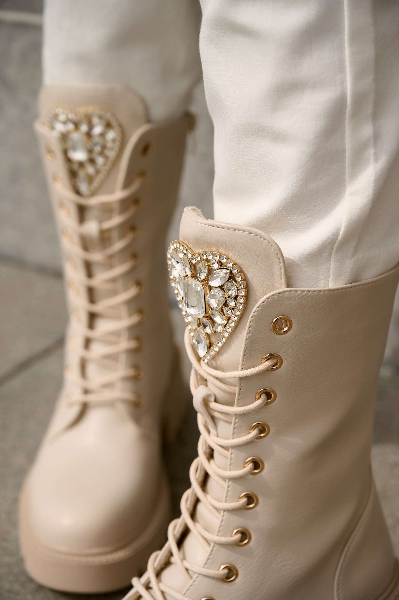 Rhinestoned Heart Shape Combat Boots