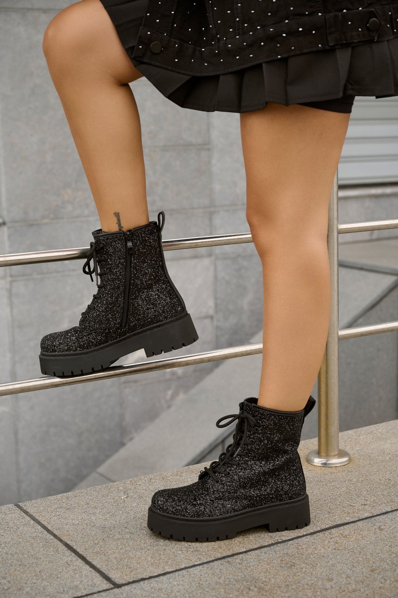 Cracked Rhinestones Combat Boots