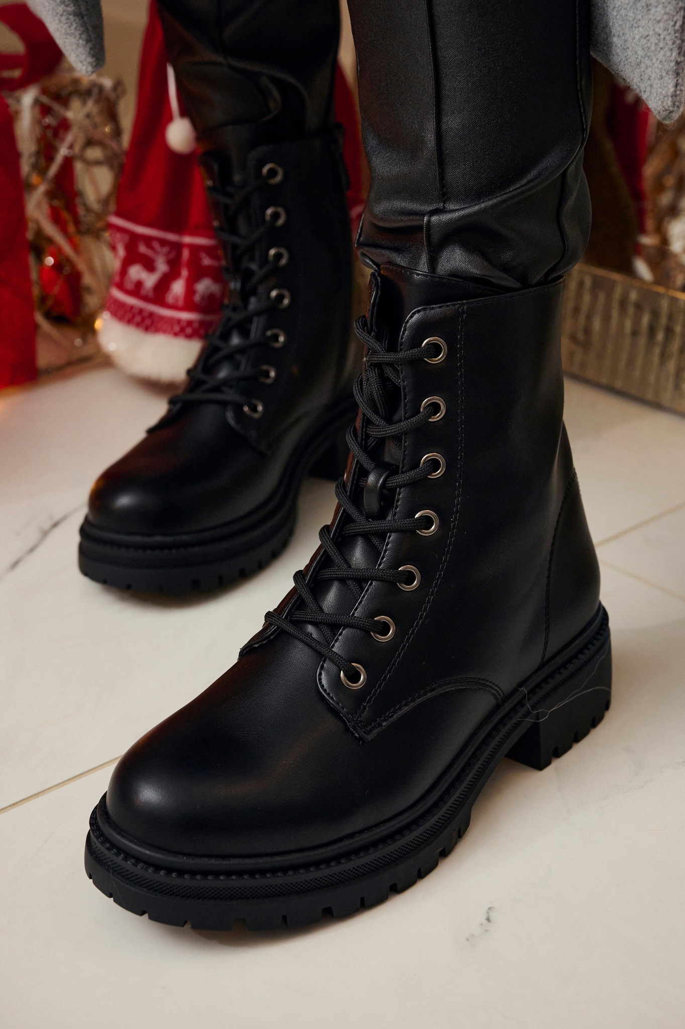 Rhinestoned Back Stripe PU Combat Boots