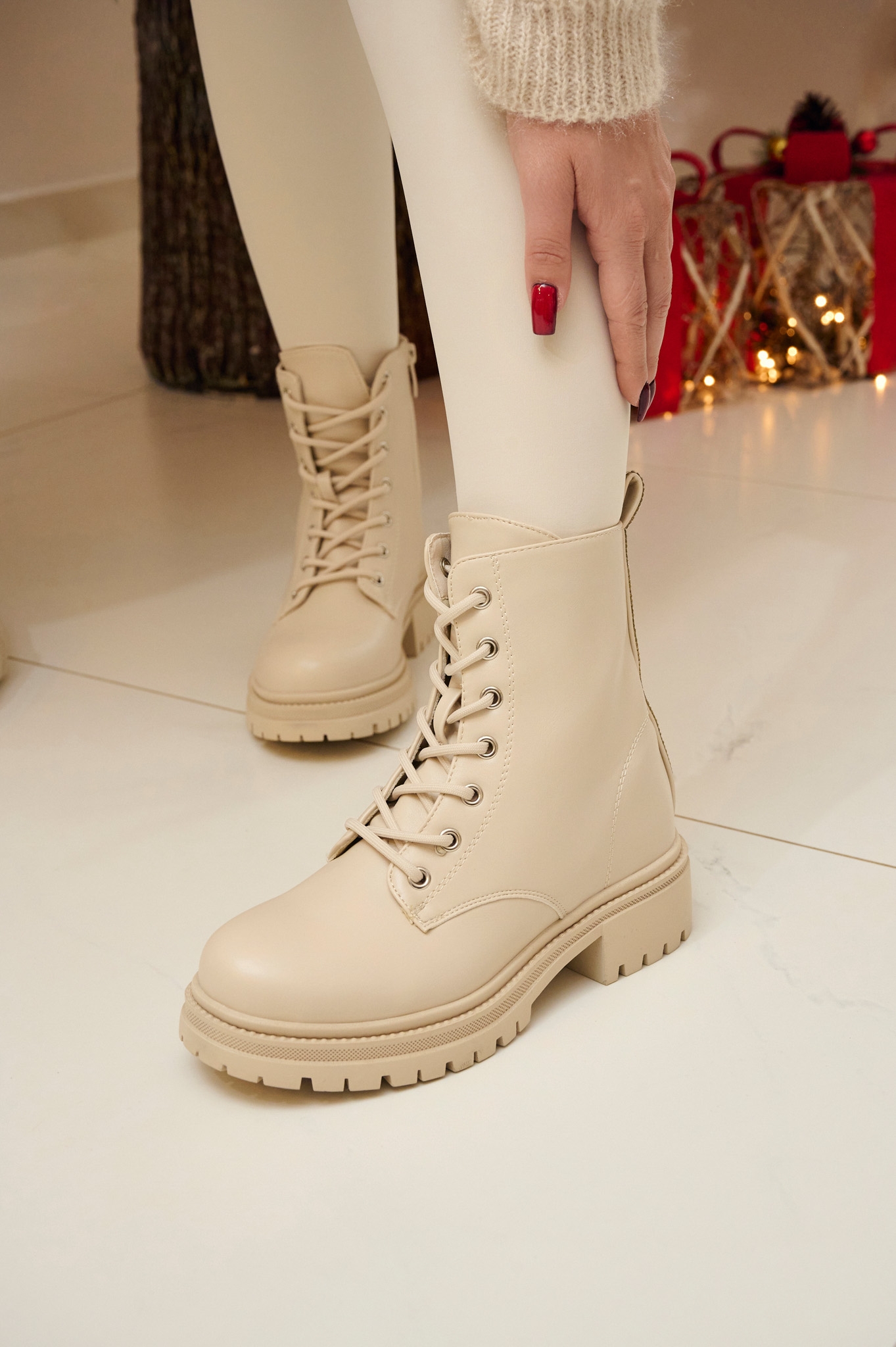 Rhinestoned Back Stripe PU Combat Boots