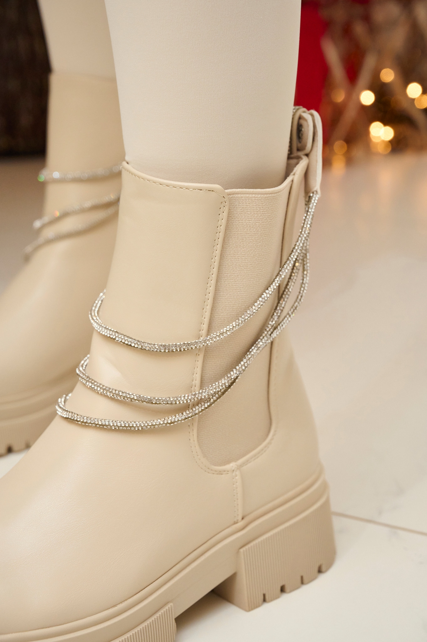 Rhinestoned Straps PU Angle Boots