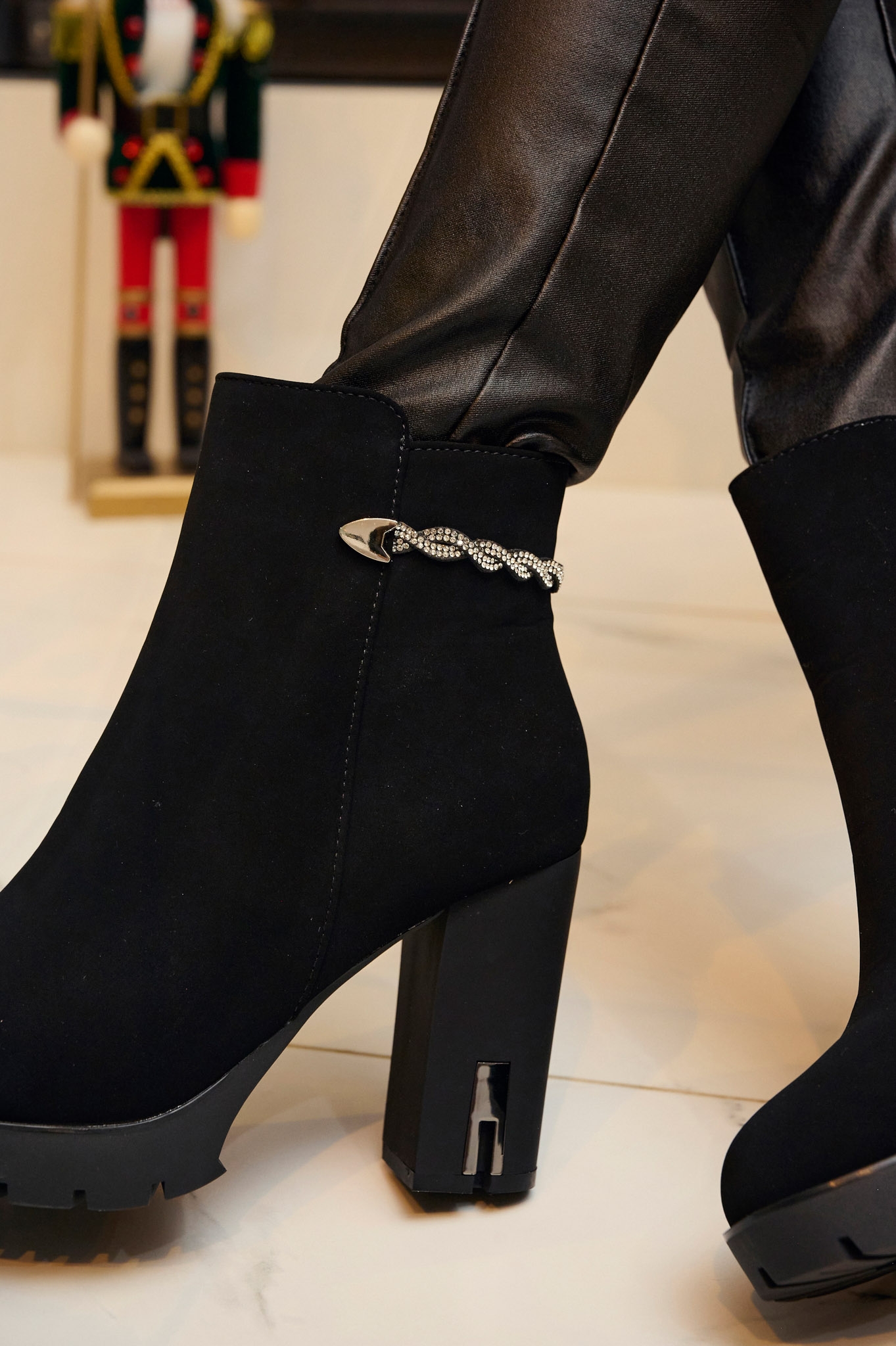 Rhinestoned Braid Suede Angle Boots