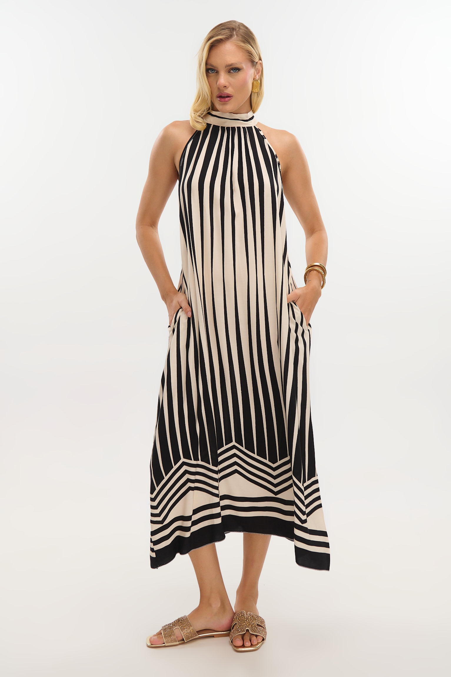 Maxi Halter Dress with Striped Print