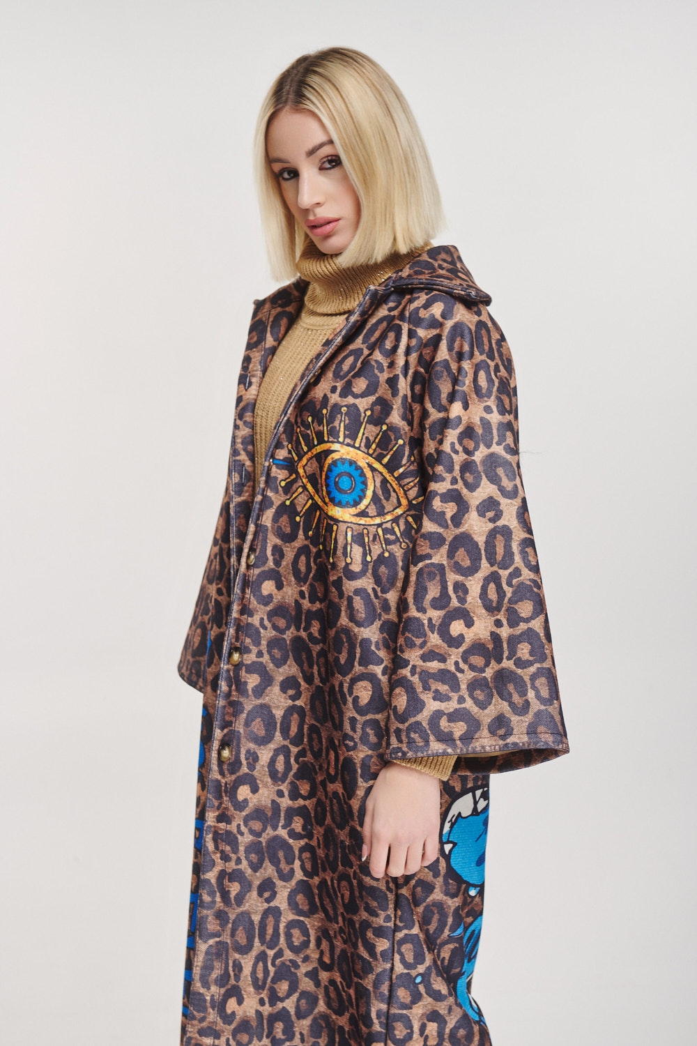 Flower Printed Back Animal Long Coat