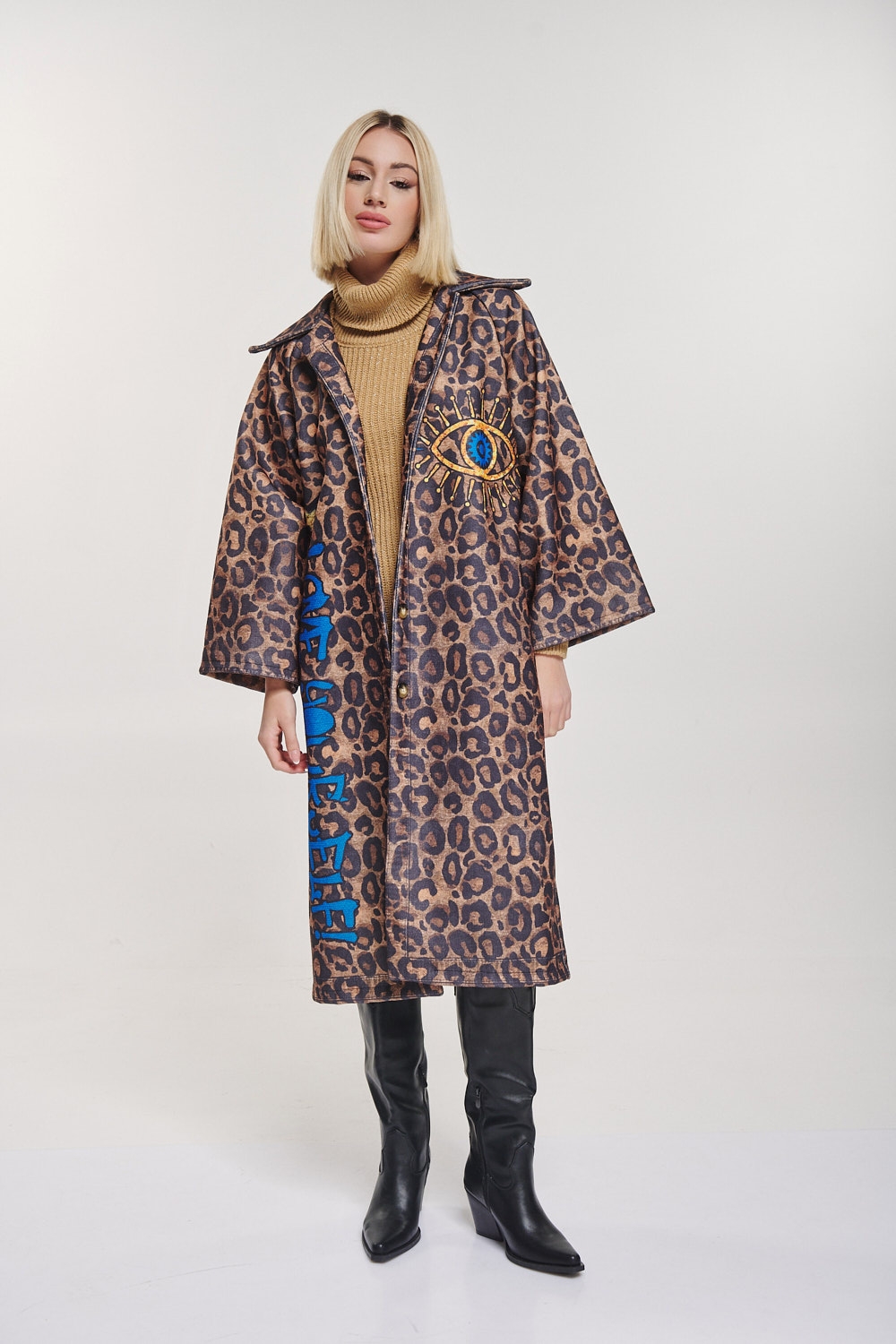 Flower Printed Back Animal Long Coat