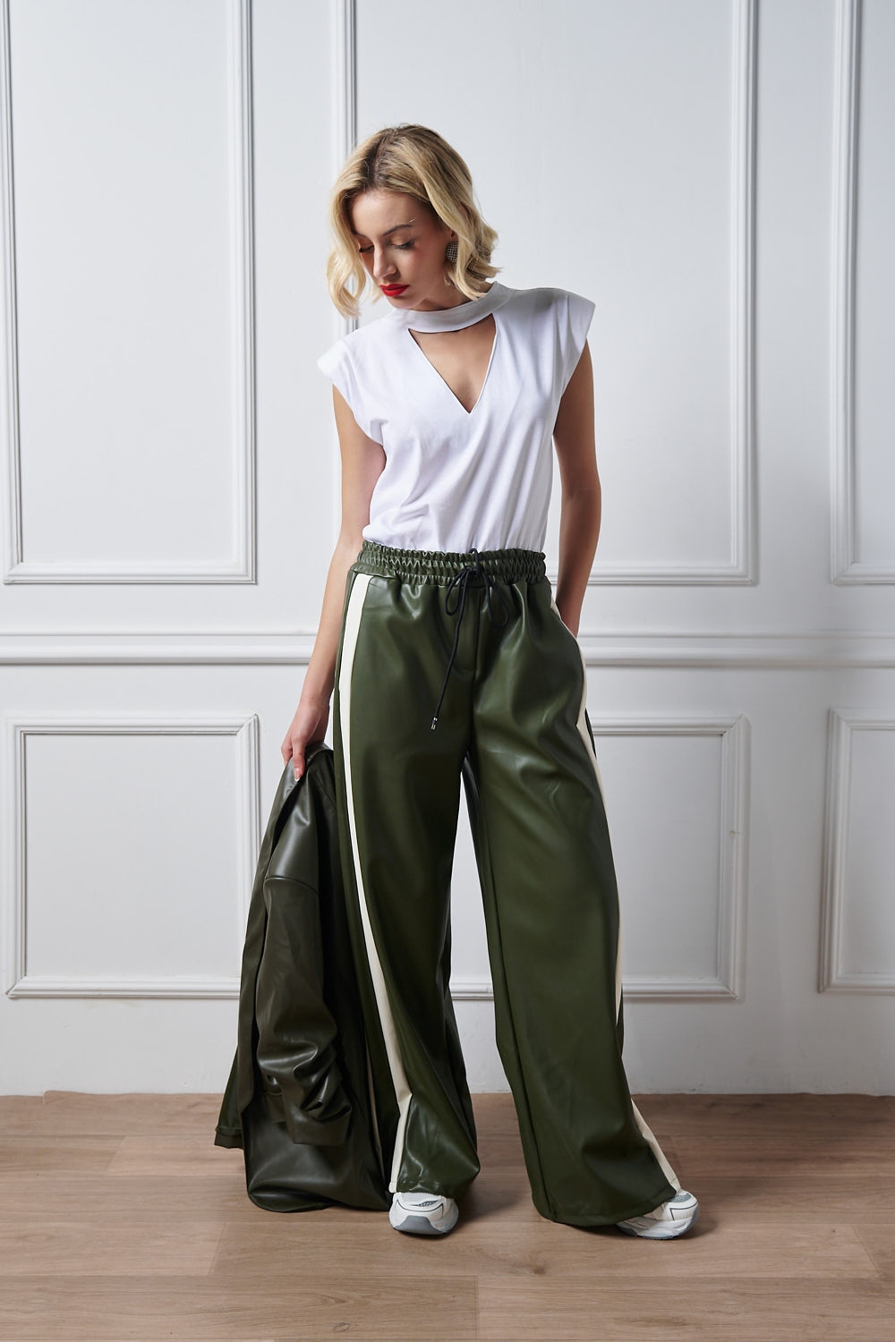 Side Stripped Pu Leather Pants