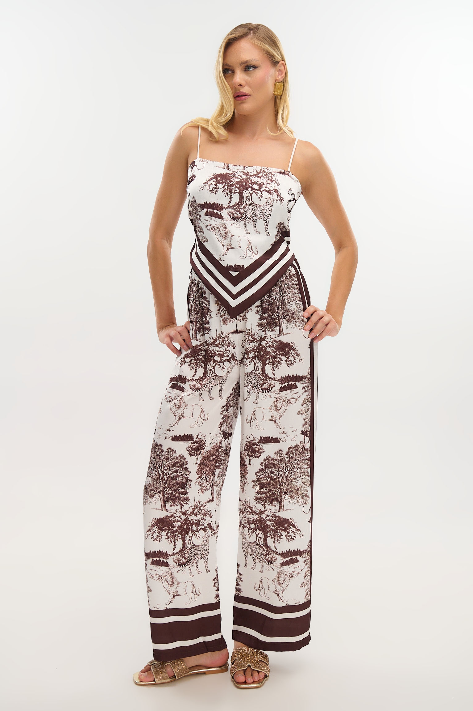 Satin Tiger-Print Scarf Top & Pants Set