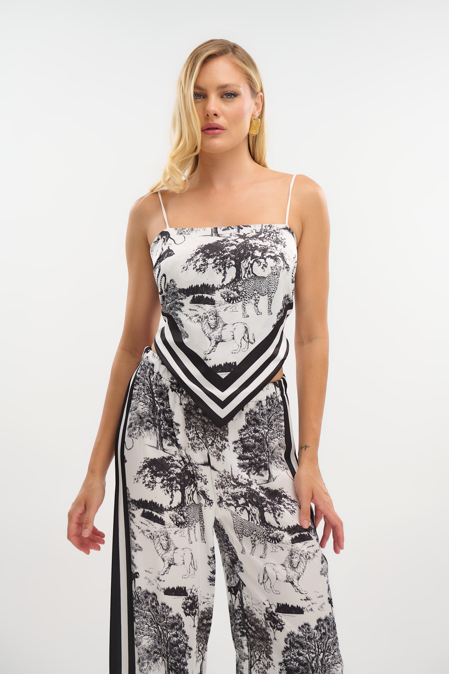 Satin Tiger-Print Scarf Top & Pants Set