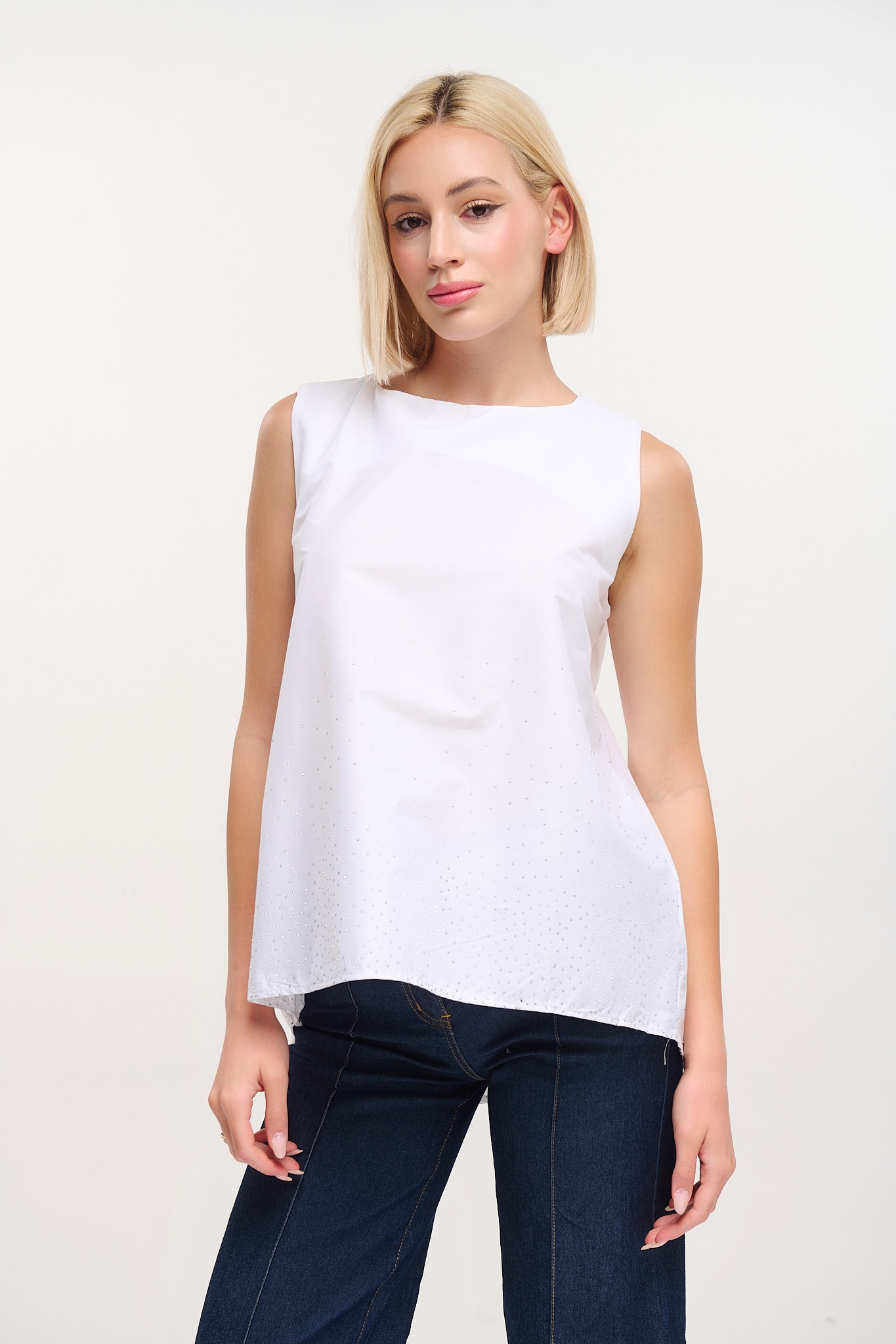 Asymmetric Sleeveless Top with Rhinestones at Hem
