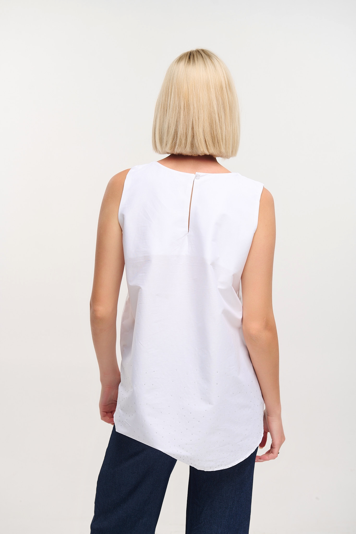 Asymmetric Sleeveless Top with Rhinestones at Hem