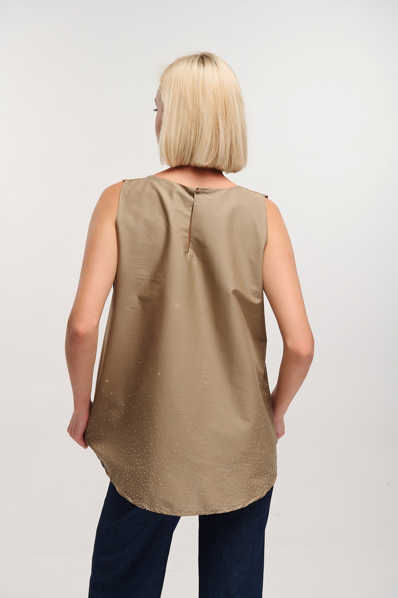 Asymmetric Sleeveless Top with Rhinestones at Hem