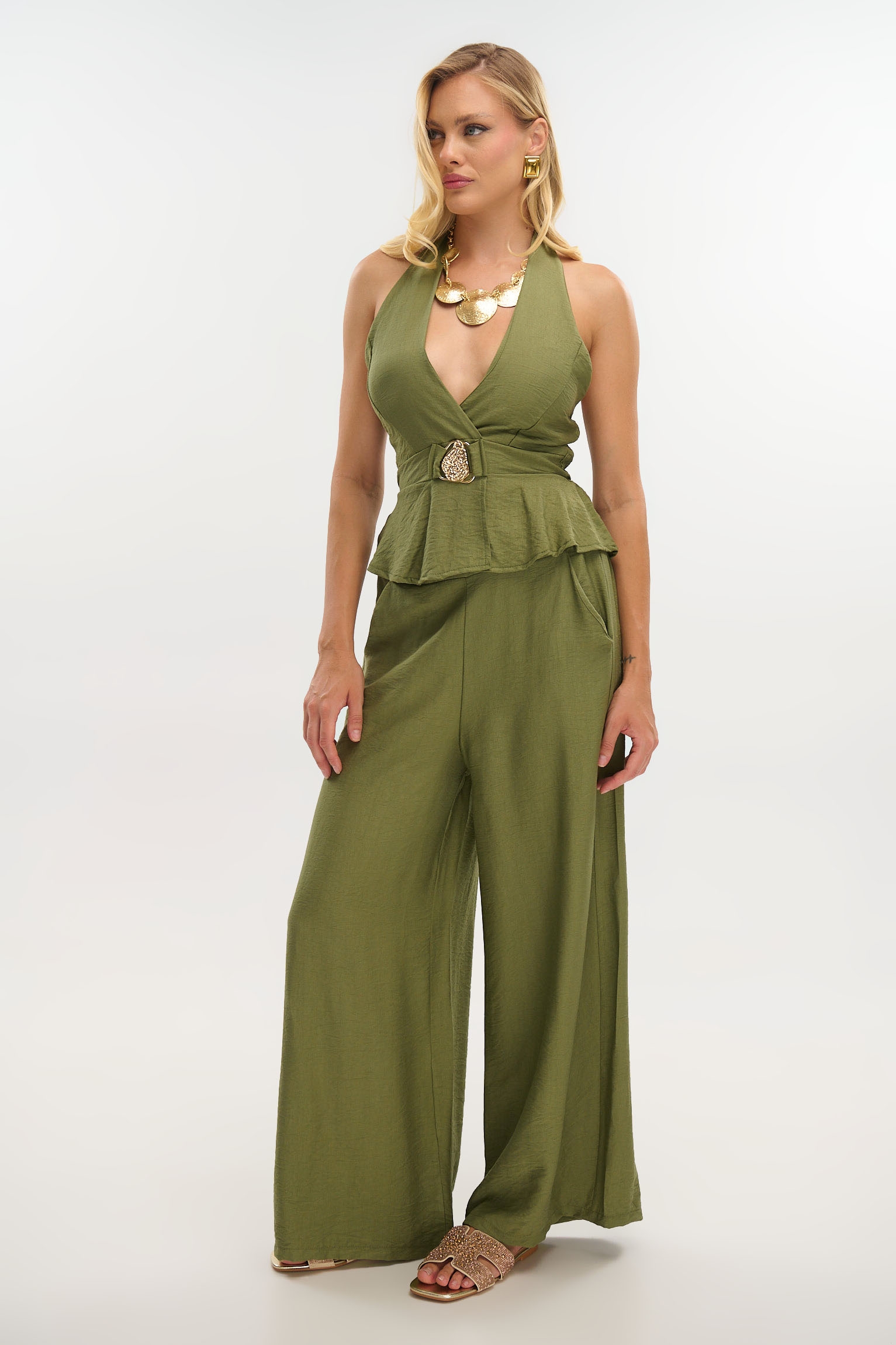 Off-Shoulder Top with Gold Clasp & Pants Set