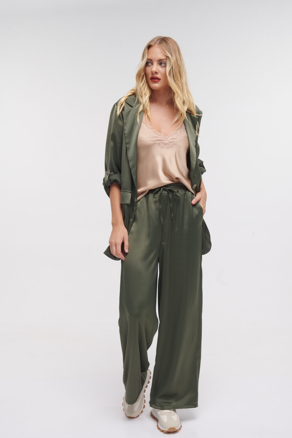 Satin Wide Pants & Blazer Set