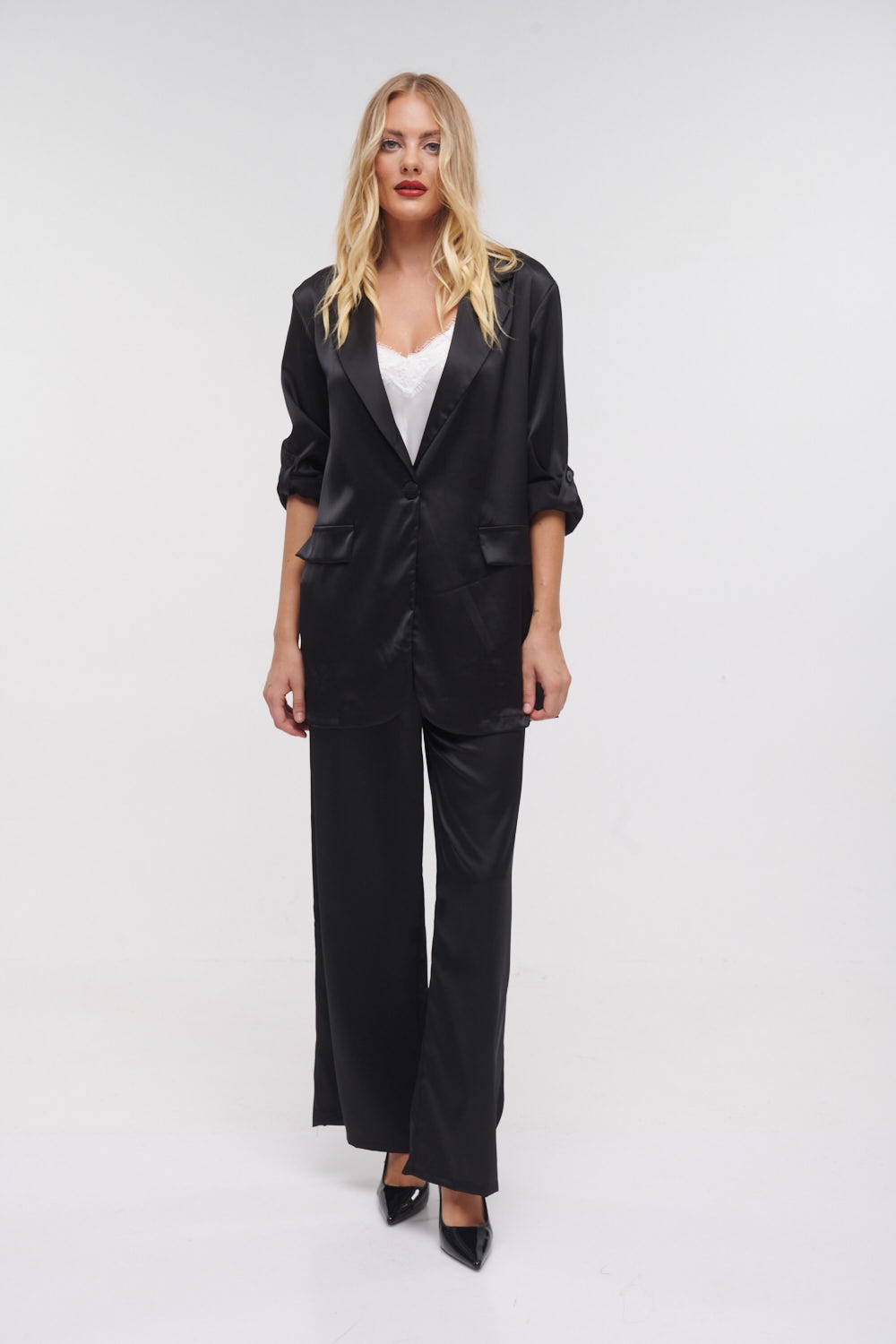 Satin Wide Pants & Blazer Set