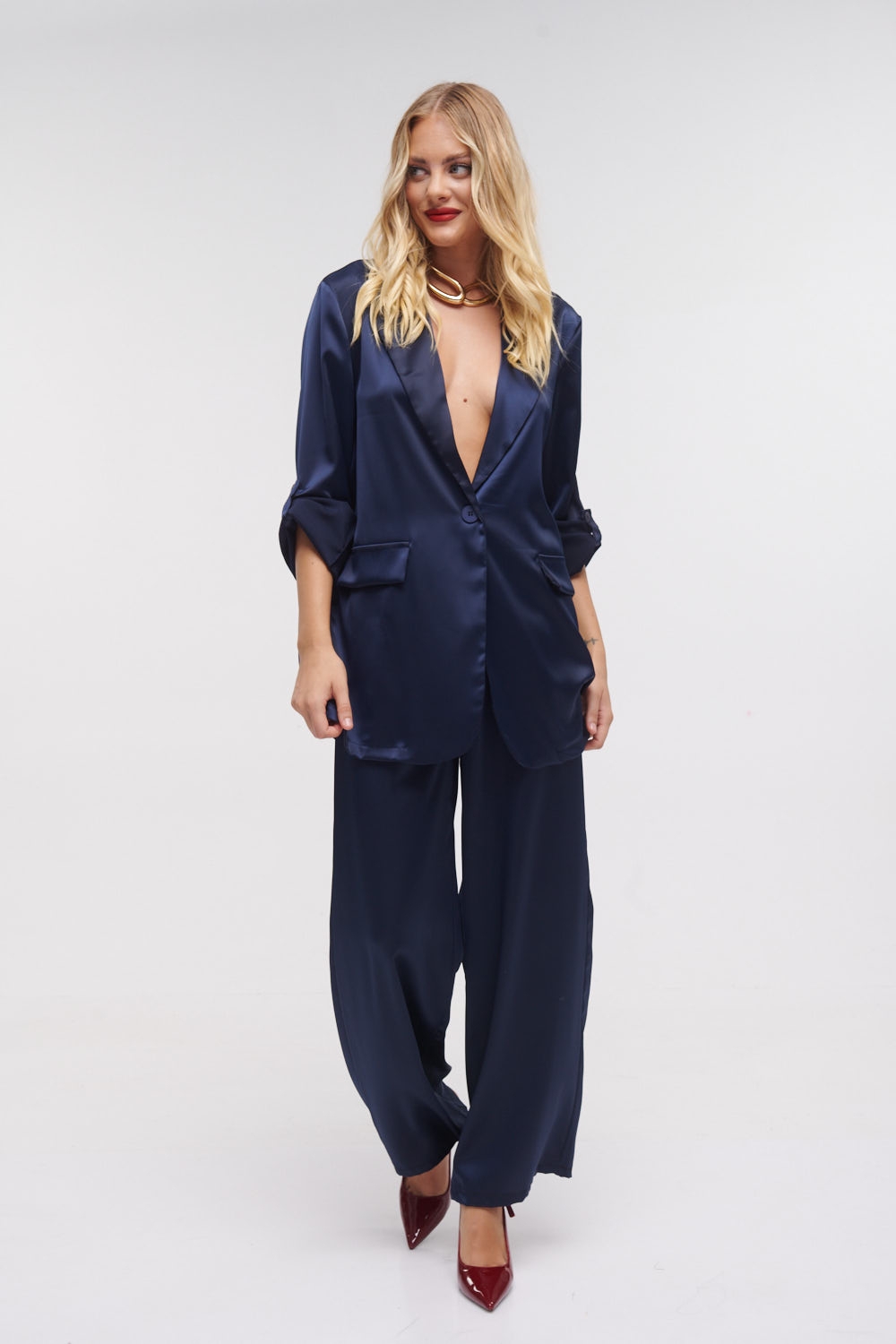 Satin Wide Pants & Blazer Set