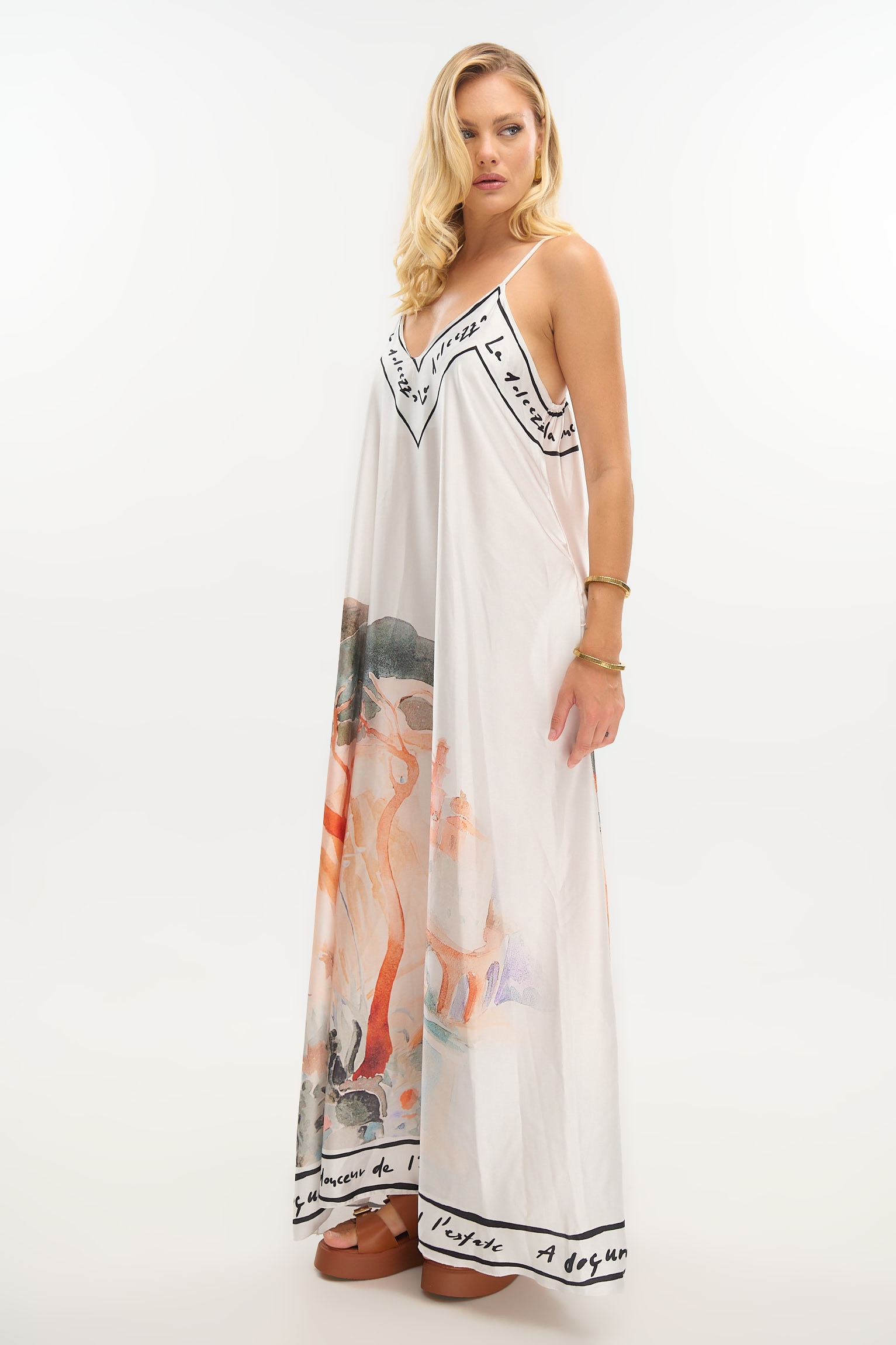 Satin Maxi Dress with Island Print