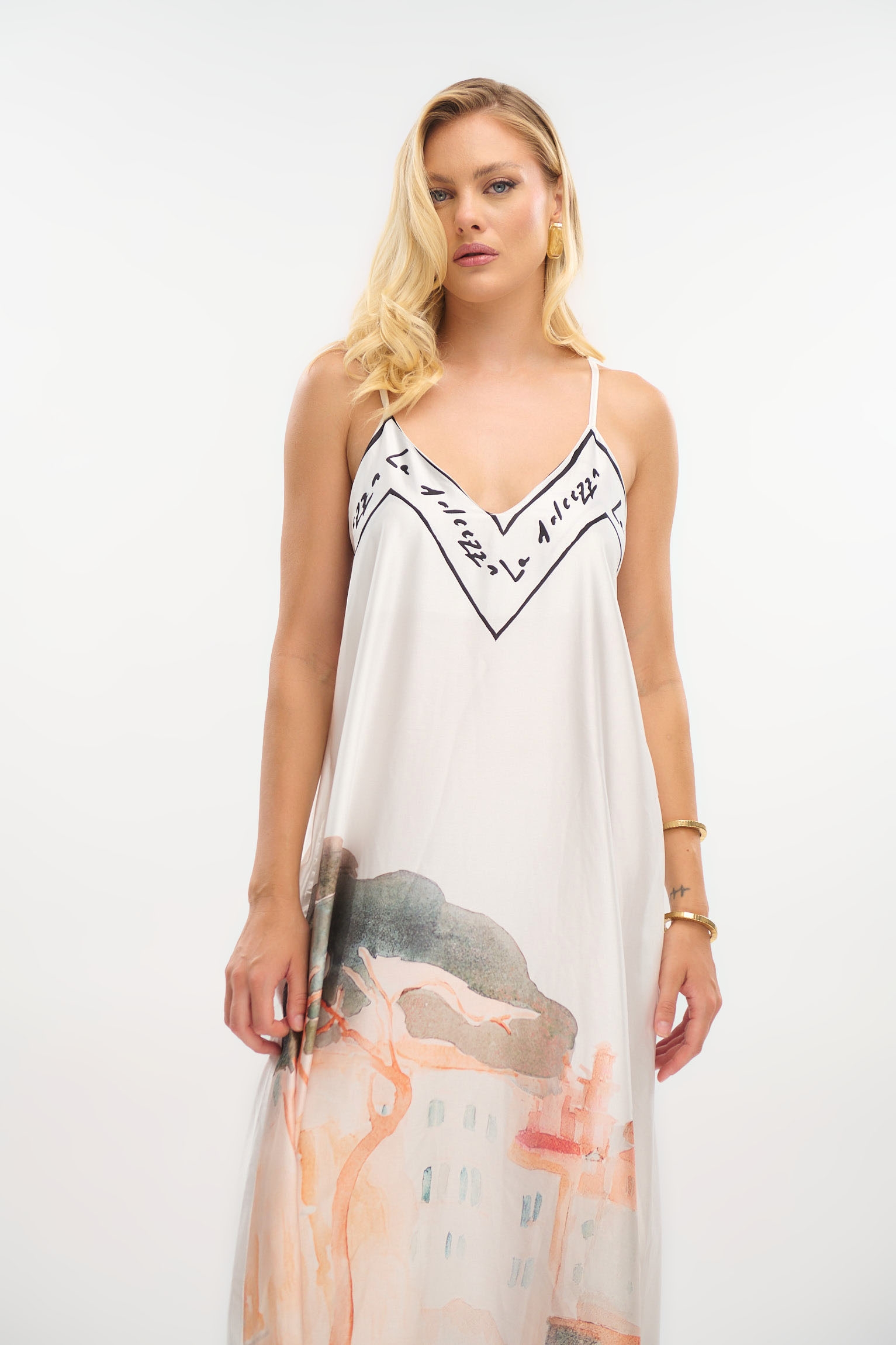 Satin Maxi Dress with Island Print