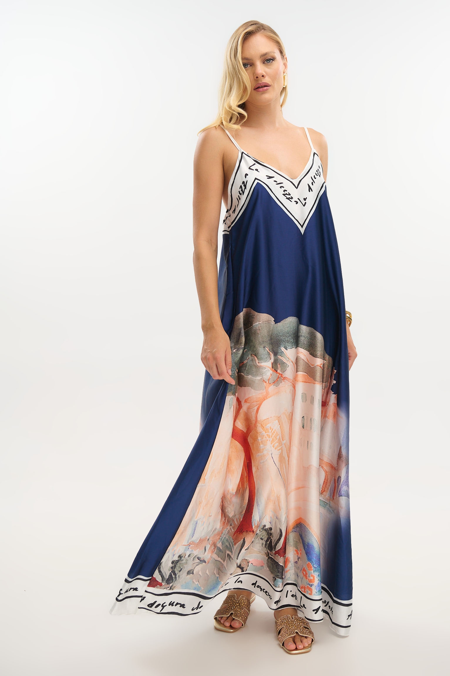 Satin Maxi Dress with Island Print
