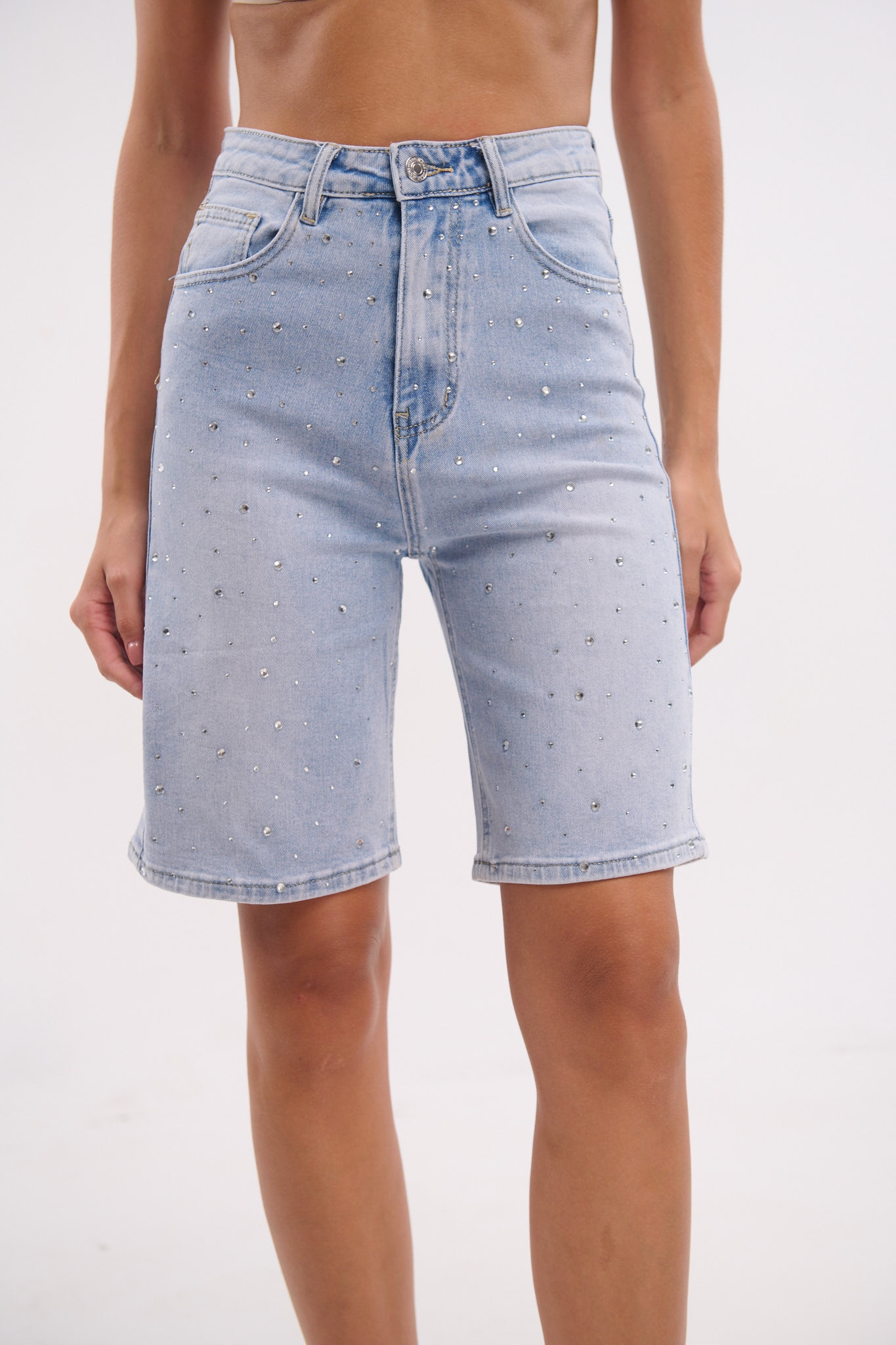 Rhinestoned Jeans Bermuda Shorts