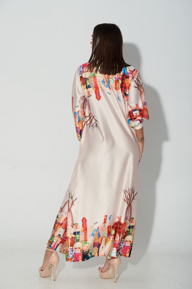 Long Satin Dress With Printed End