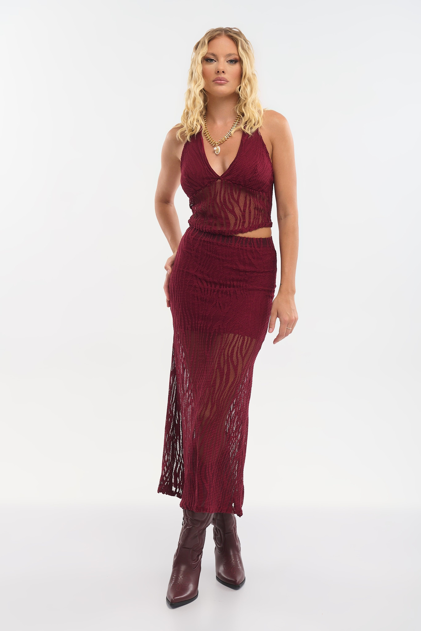 Halter Neck Top & Lace Midi Skirt Set – Elegant & Feminine