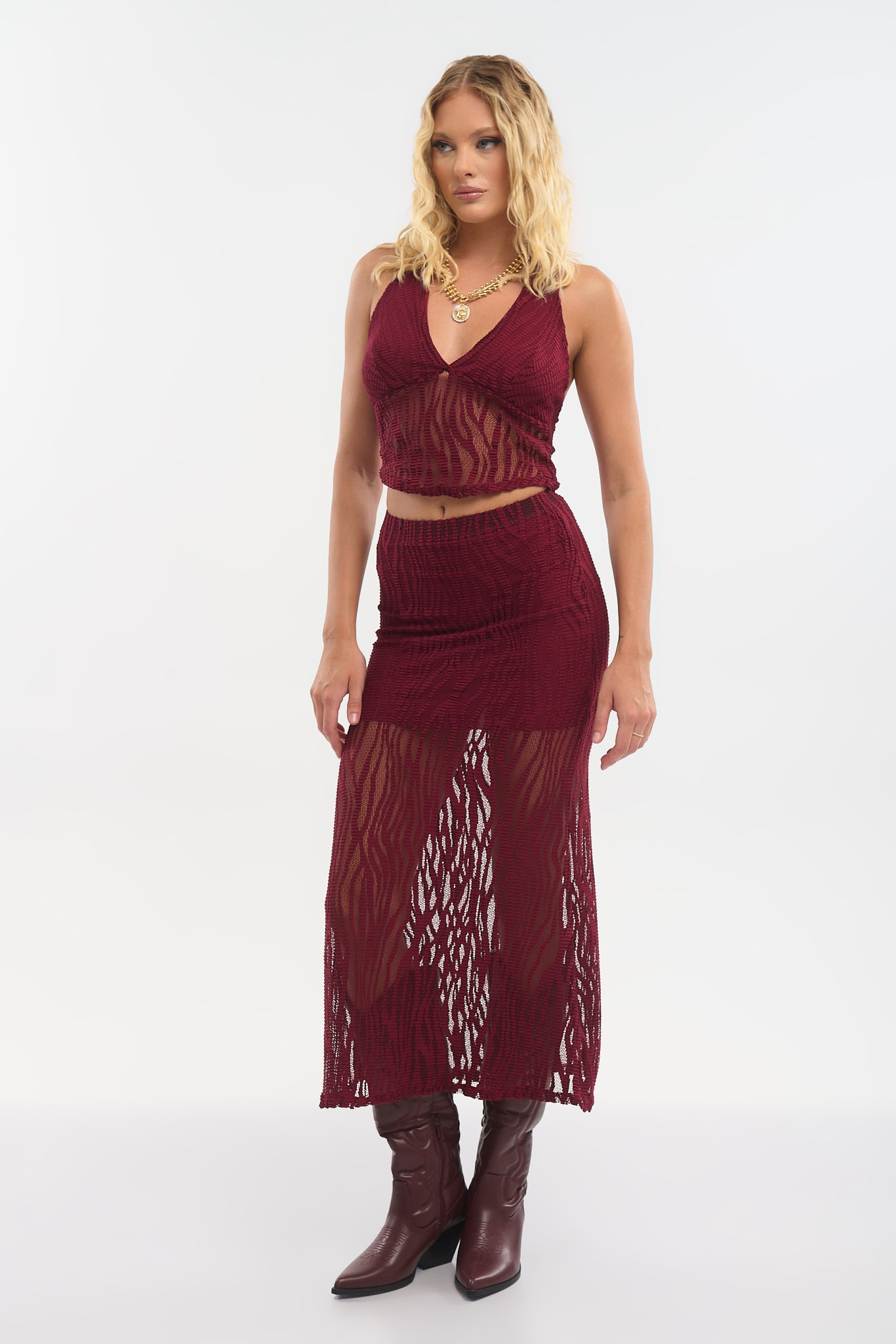 Halter Neck Top & Lace Midi Skirt Set – Elegant & Feminine