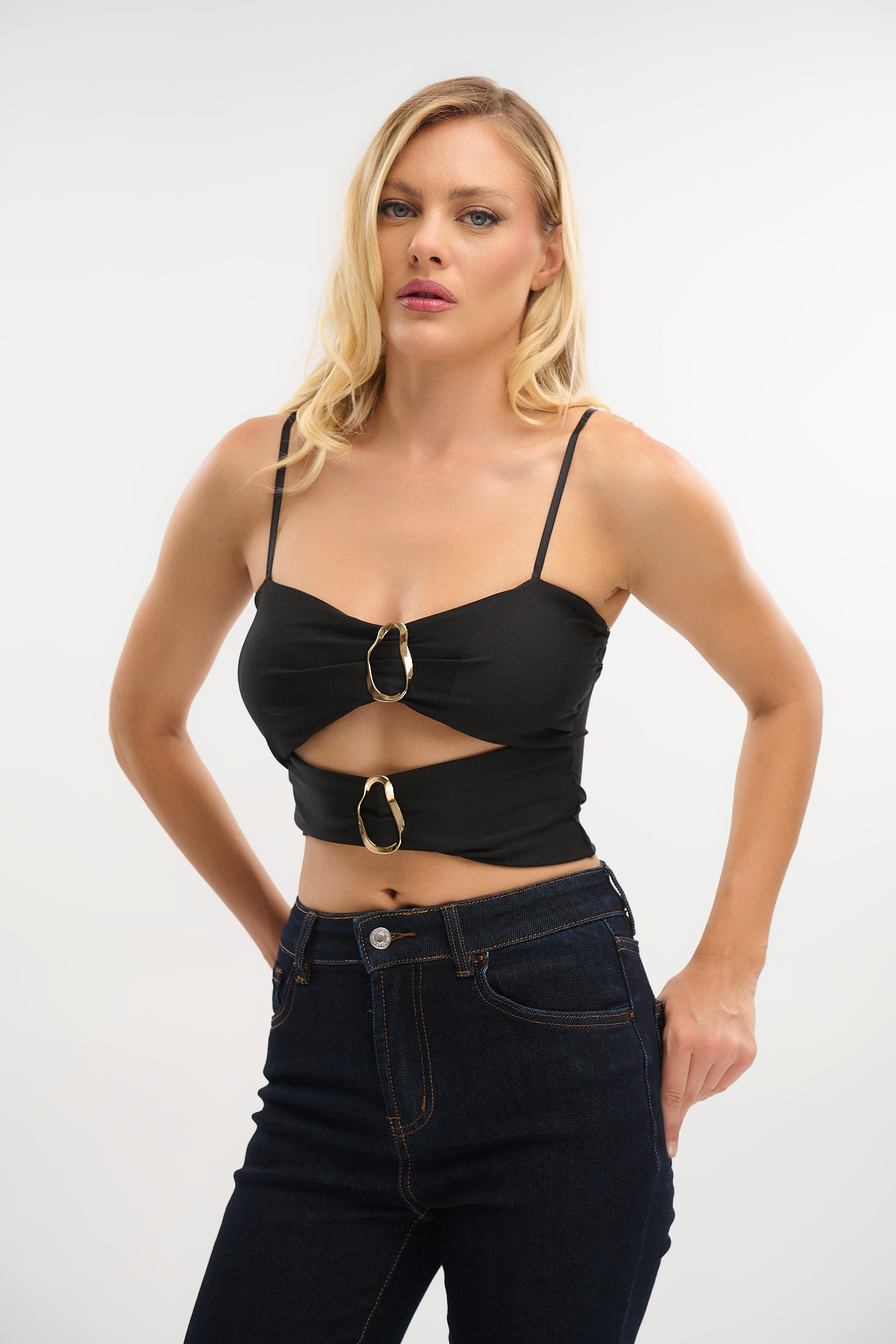 Crop Top with Cut-Outs and Gold Buckles