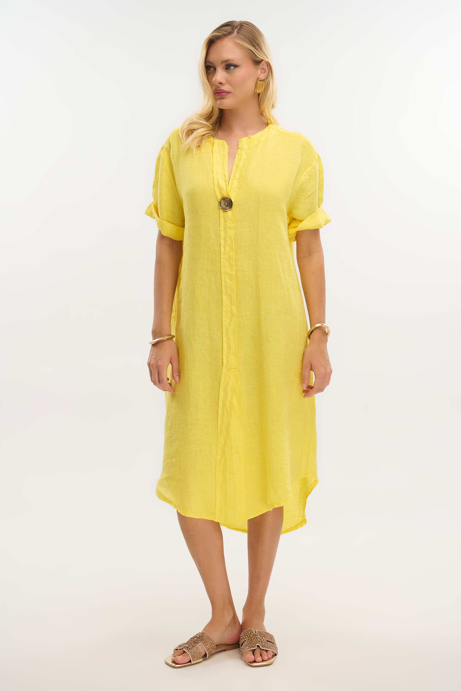 Long Linen Shirt with Mao Collar
